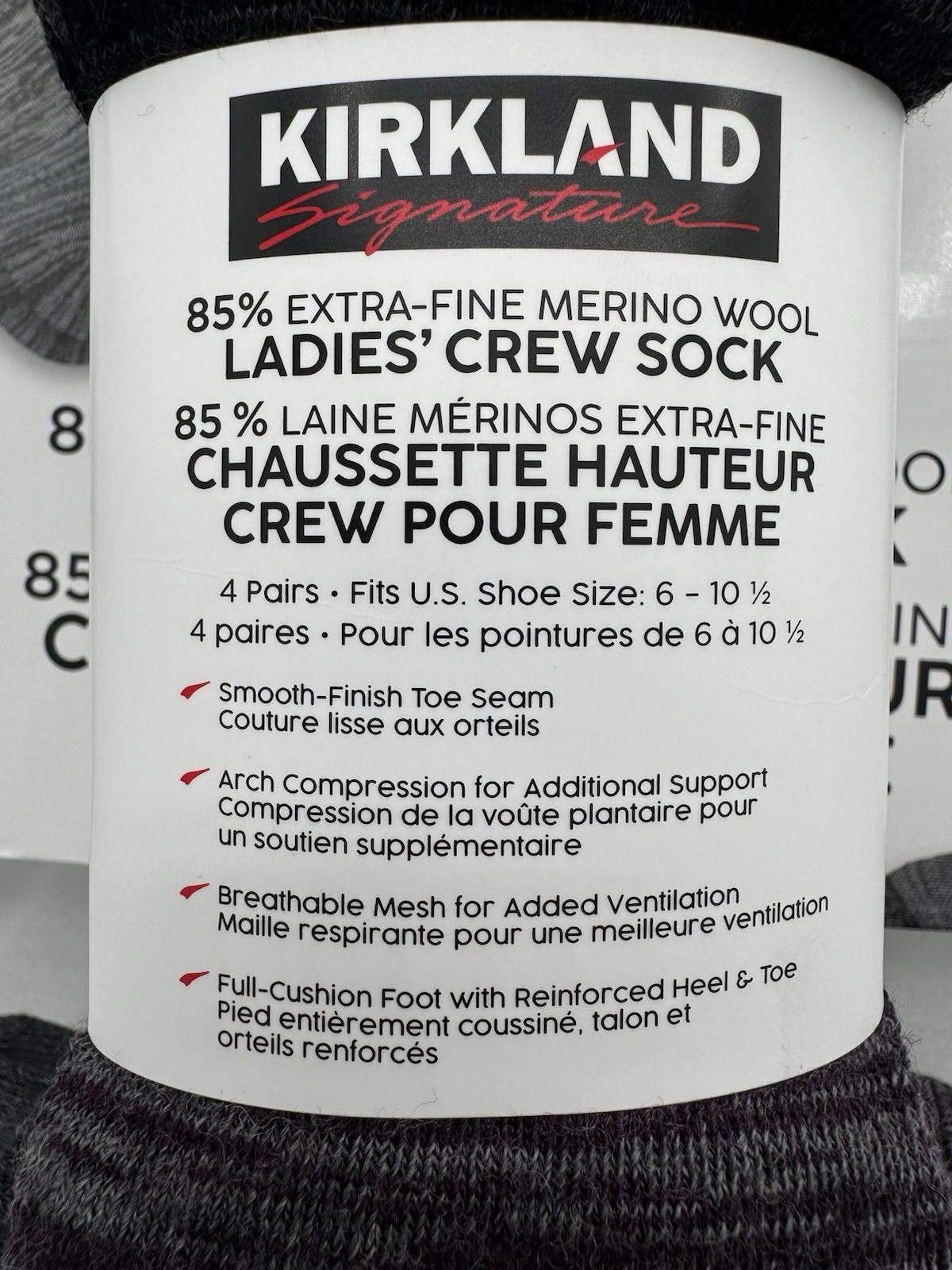 Kirkland Signature Merino Wool Crew Socks 4 Pairs Gray Black Beige US 6-10.5