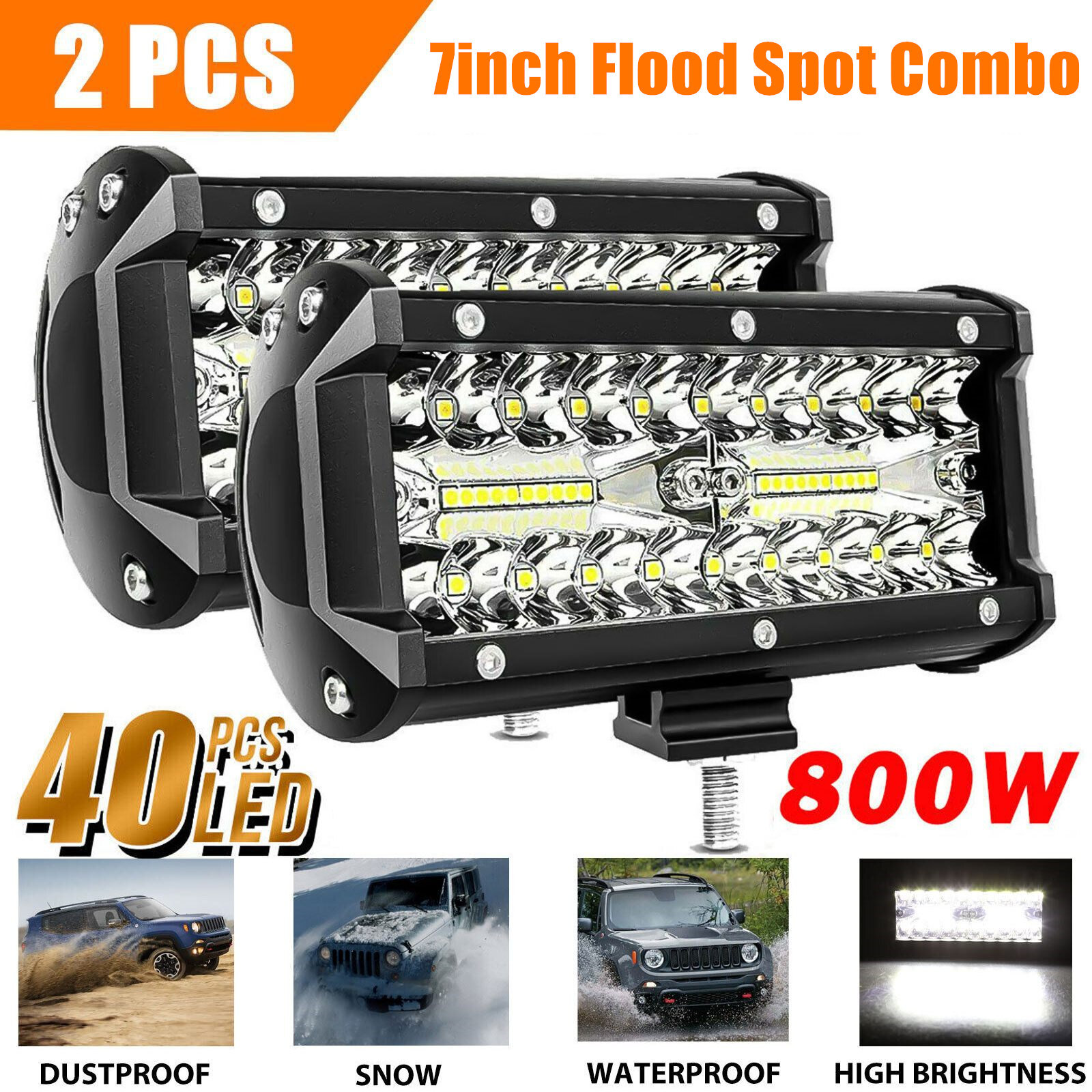 2x 7inch 20000LM LED Work Light Bar Flood Spot Pod Offroad Fog Driving ATV Truck