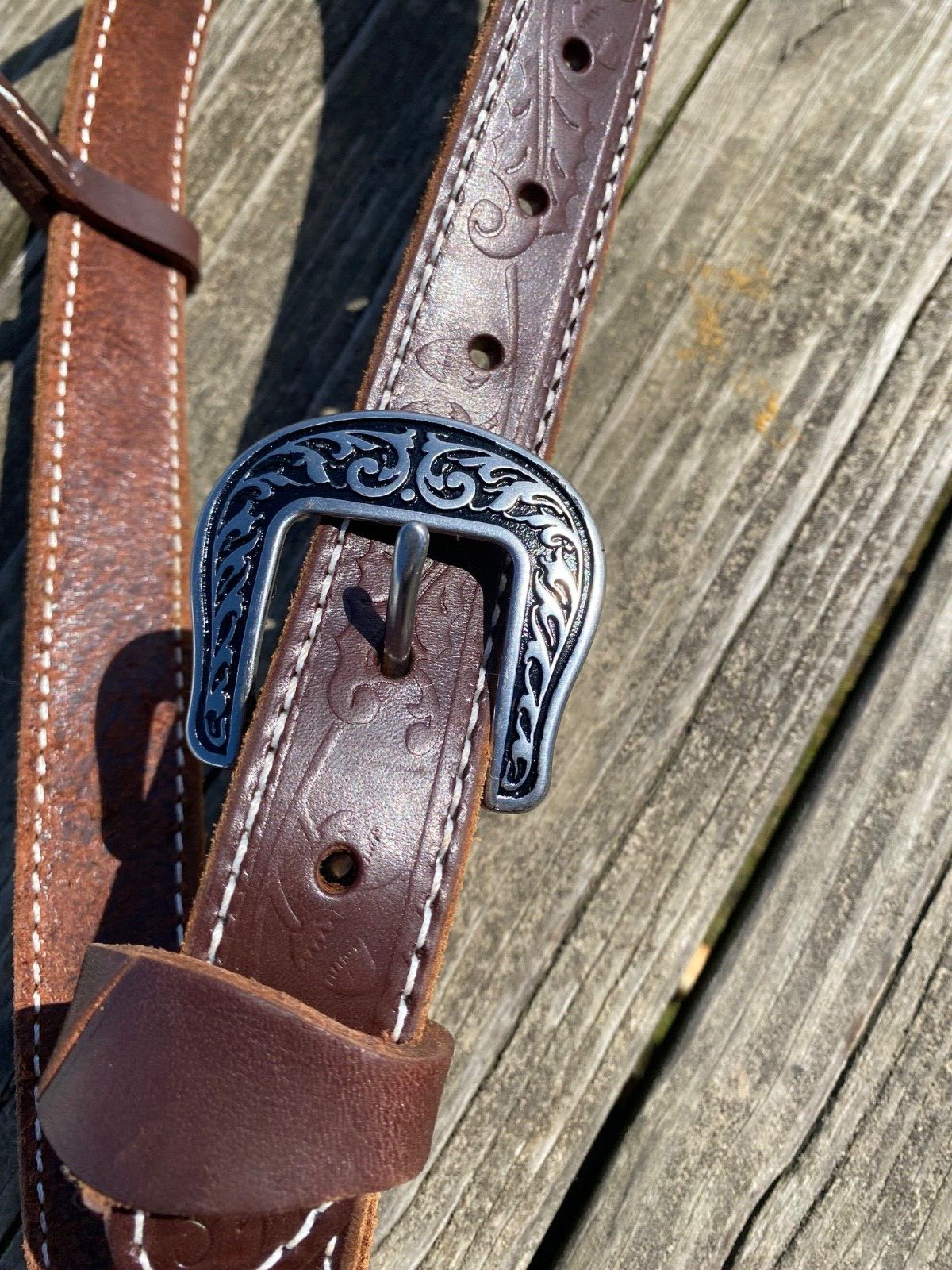 Amish made 1 1/4" leaf tooled brown Western headstall w/Jeremiah Watt buckle