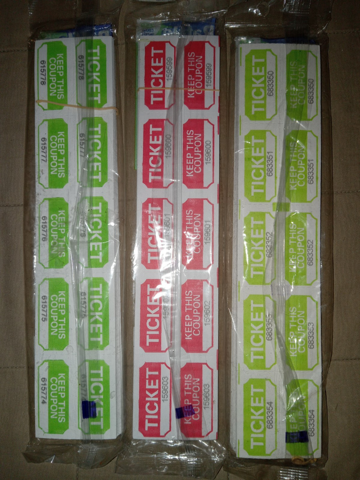 750 Raffle Tickets Flat Double Stub 50/50 & Roll of 2,000 Admit One Tickets