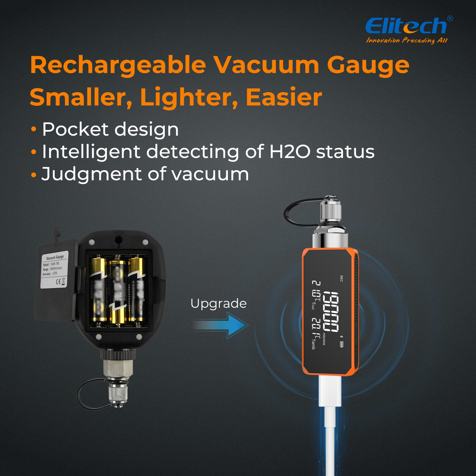 Elitech Vacuum Gauge Digital Microns Meter for HVAC/R 1~19000 Microns VGW-Mini