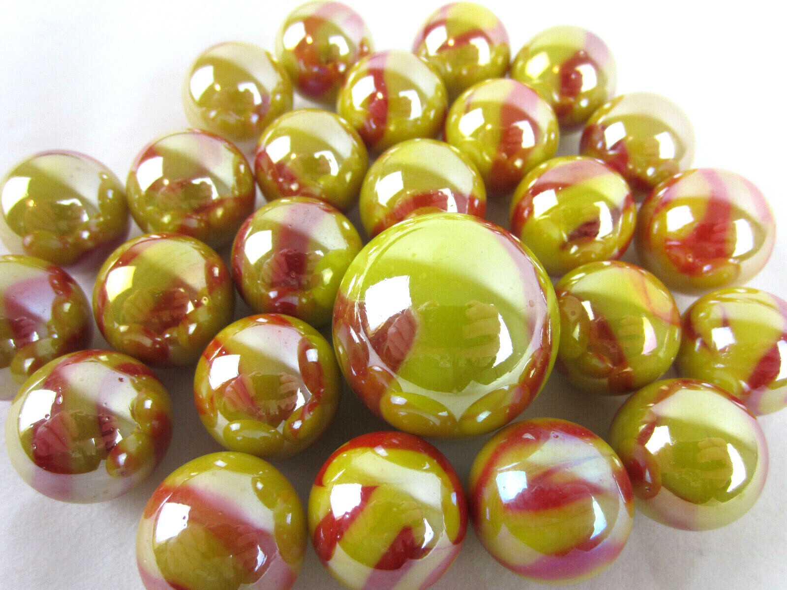 25 Glass Marbles SUN Fire RED/YELLOW Opal iridescent Shooter game style Swirl