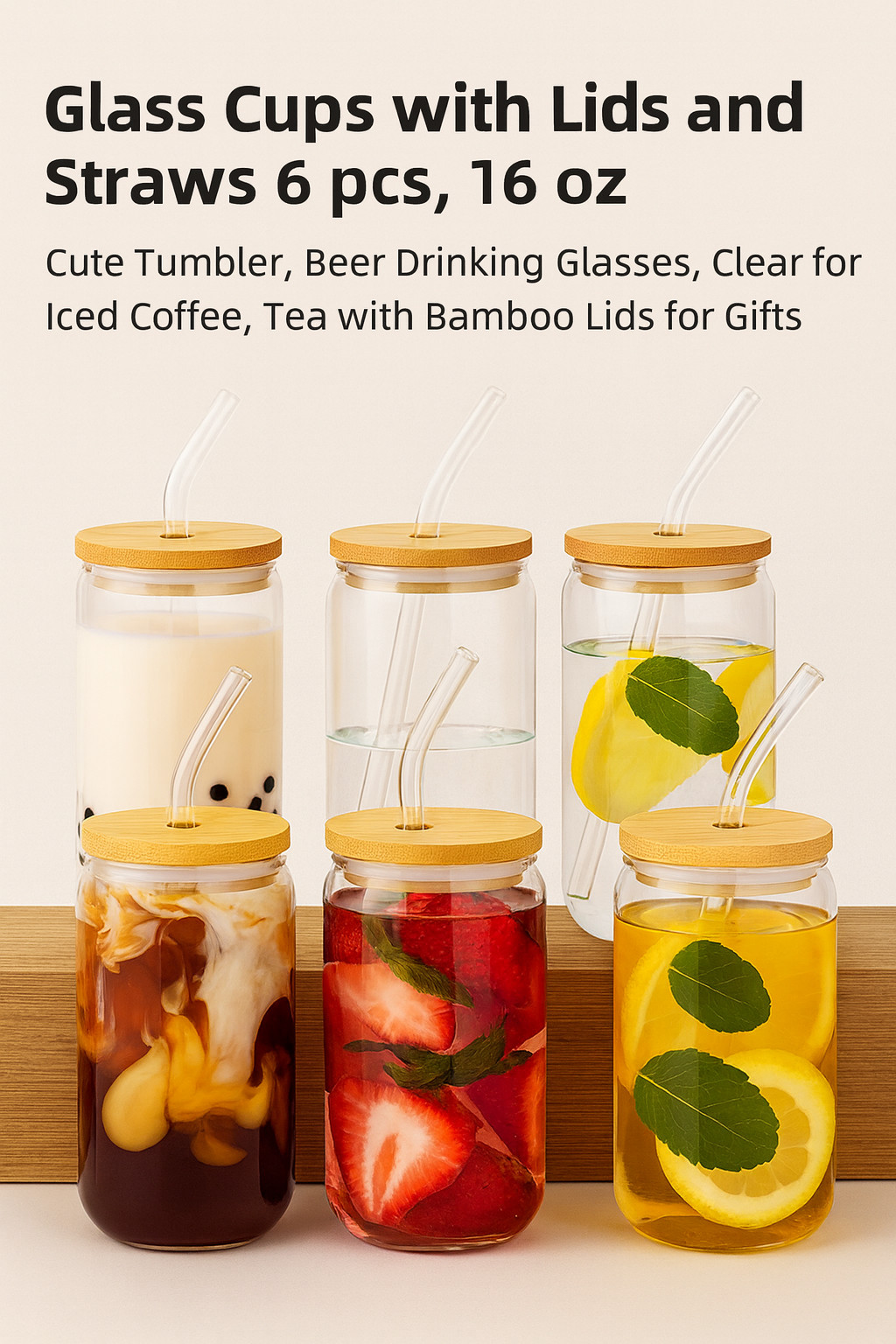 Glass Cups with Bamboo Lids & Straws 6 Pack, 16oz Iced Coffee Tumbler Set