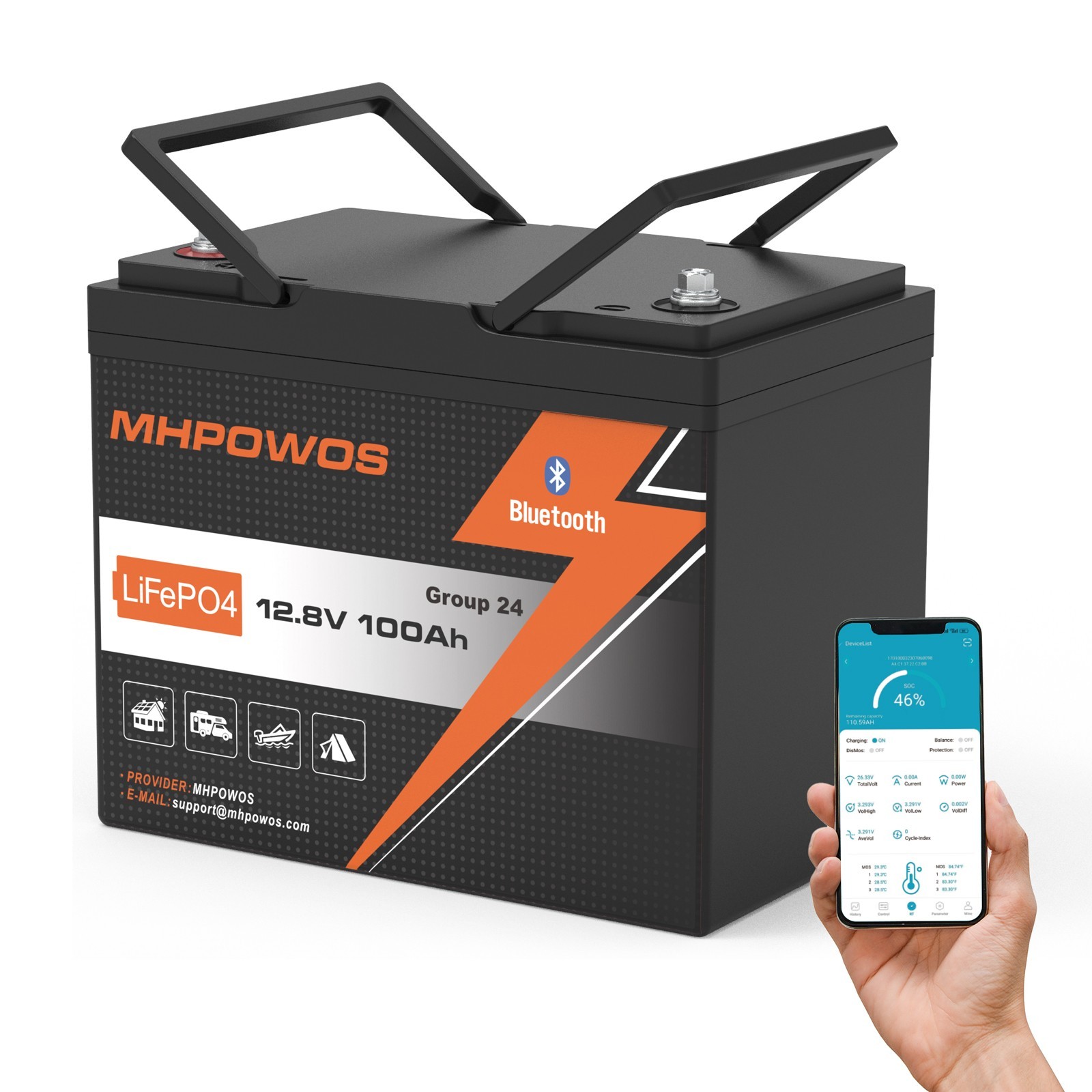 12V 100Ah lifepo4 battery Group 24 Bluetooth Solar Cells For RV  Trolling Motor