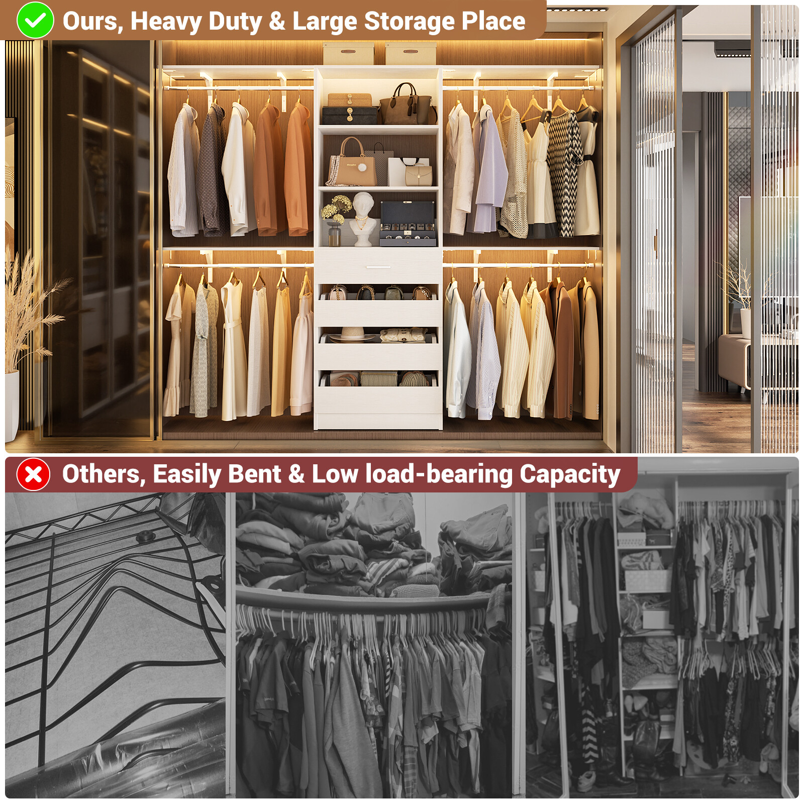 96'' Walk-in Closet Organizer System with 4 Drawers ＆ 4 Hanging Rods ＆ 4 Shelves