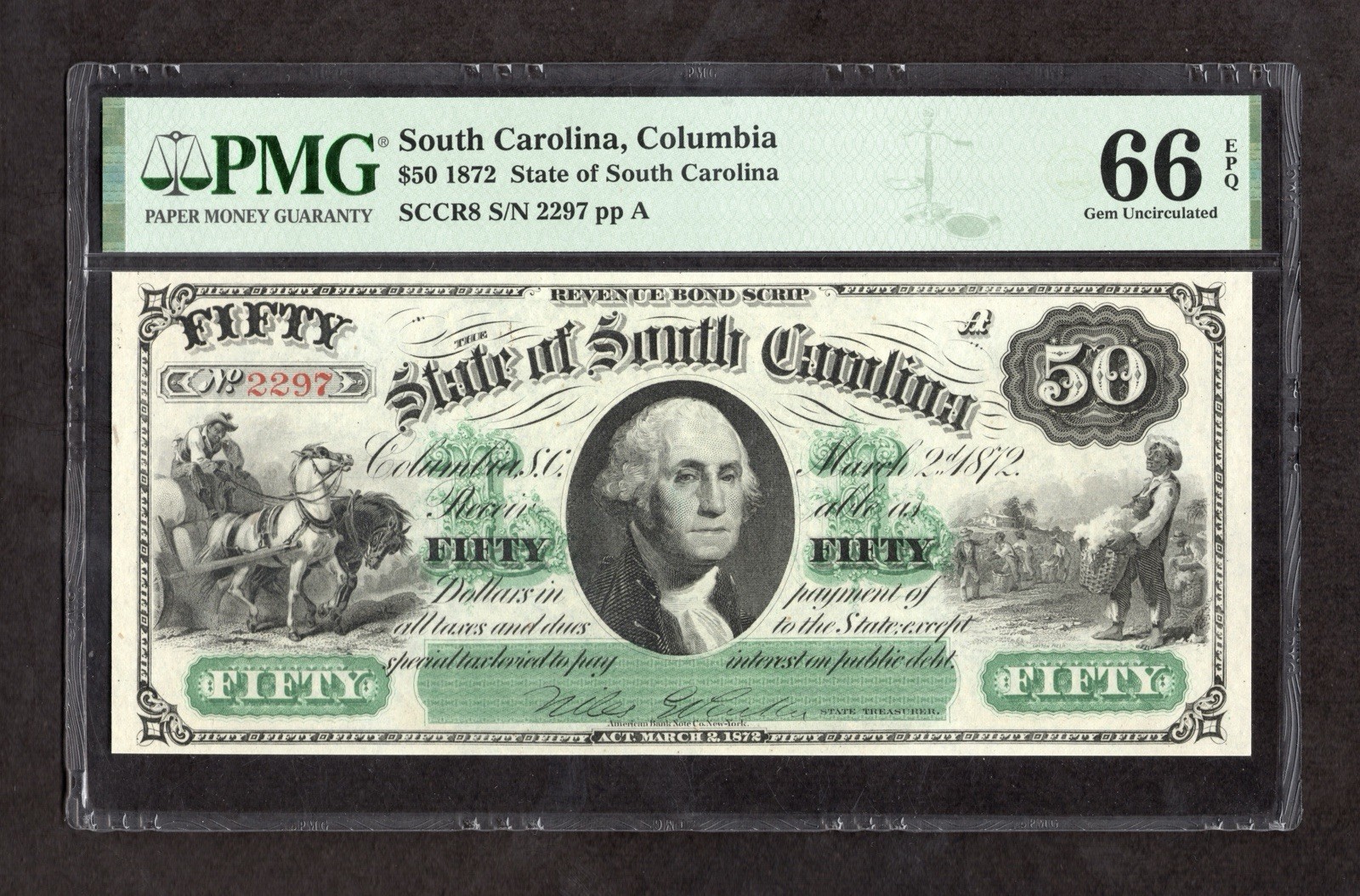 1872 $50 State of South Carolina Obsolete Note - PMG 66 EPQ