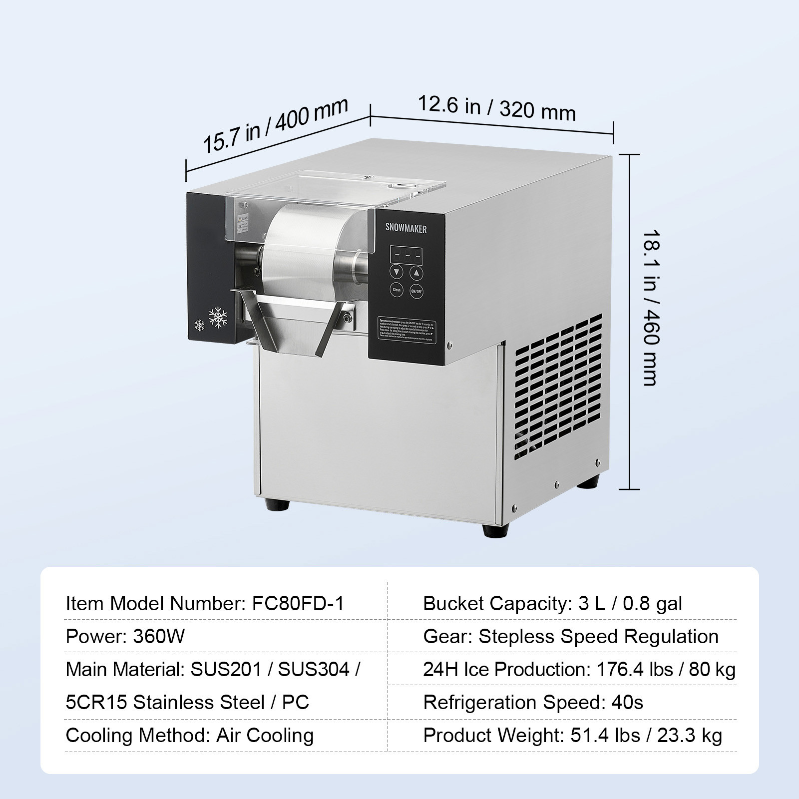 Commercial Snowflake Ice Machine 176LBS/24H Stainless Steel for Ice Cream