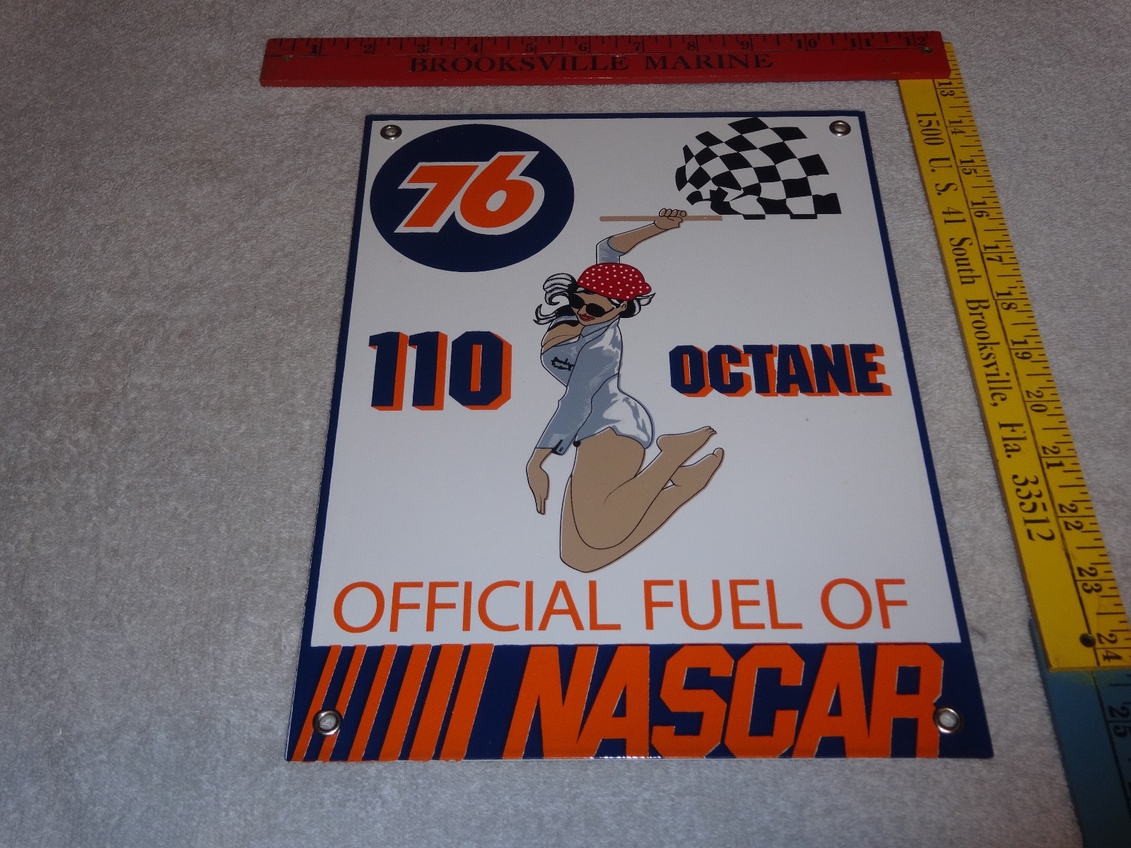 VINTAGE UNION 76 GASOLINE WOMAN +RACING FLAG 12" PORCELAIN METAL NASCAR OIL SIGN