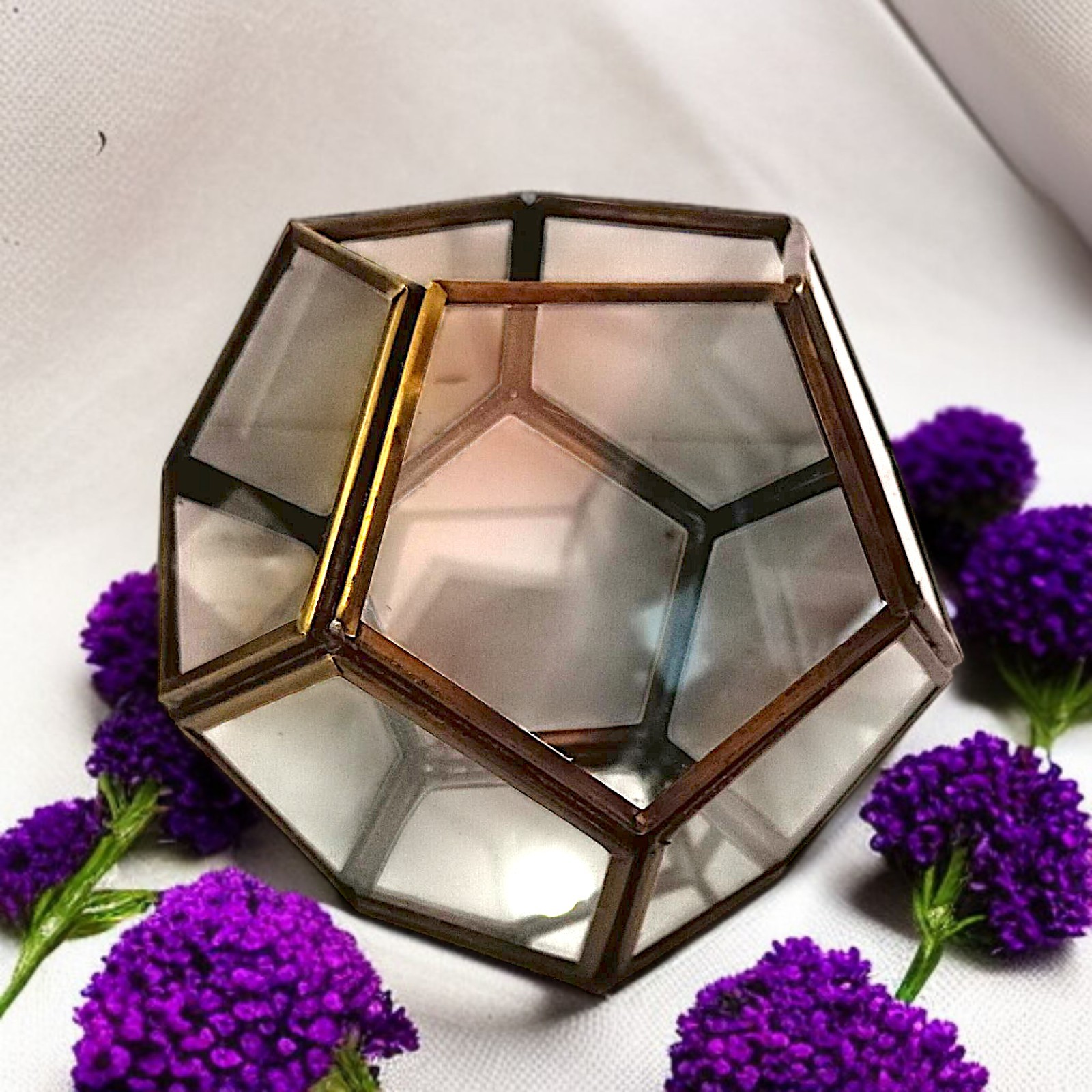 Vtg Brass Glass Terrarium Octagon Geometric Planter Display Case Candle Holder
