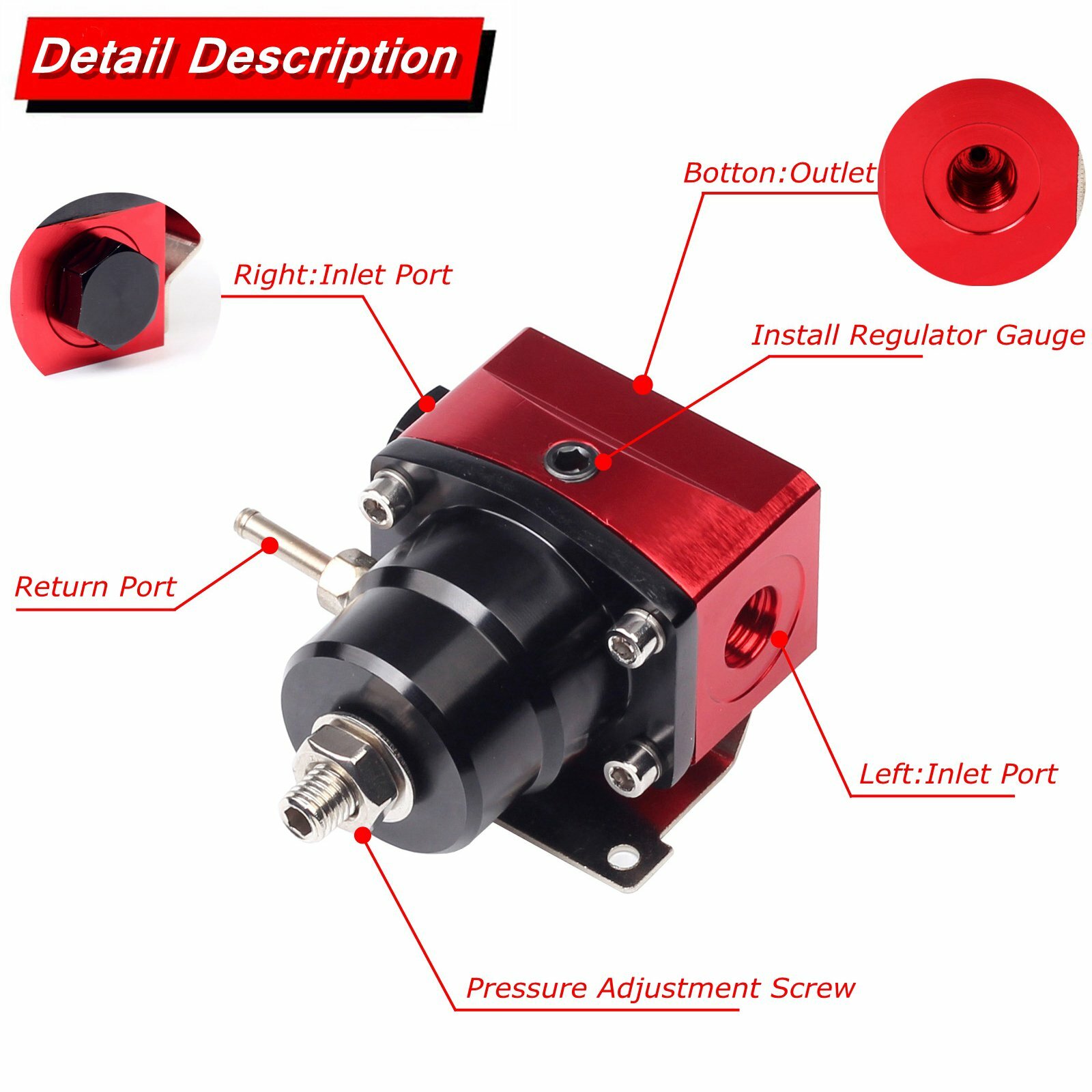 Black-Red Adjustable Fuel Pressure Regulator Kit Oil 0-100psi Gauge -6AN 6AN