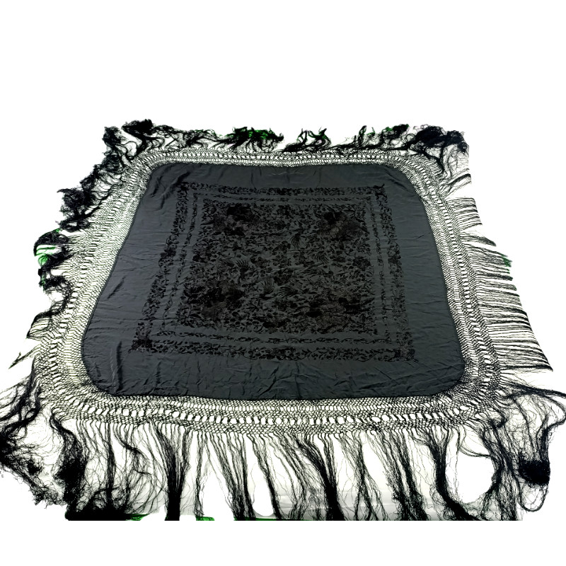 Antique Hand-Embroidered Silk Piano Shawl Wrap Floral Fringe 51" Vintage Luxury