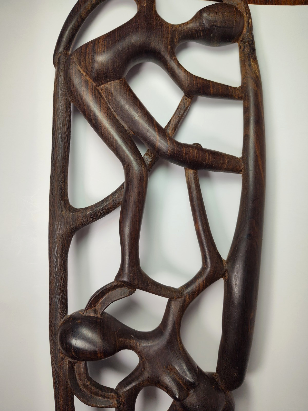 Hand Carved Ebony Wood Makonde "Tree of Life" Sculpture Intertwined Figures 17"