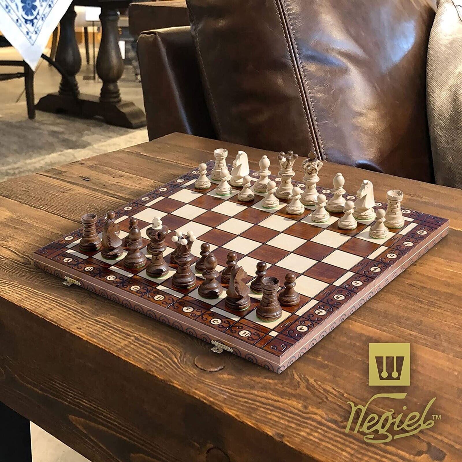 Large Handmade Wooden Chess Set 21" Hand Carved Board Pieces Full Vintage Game