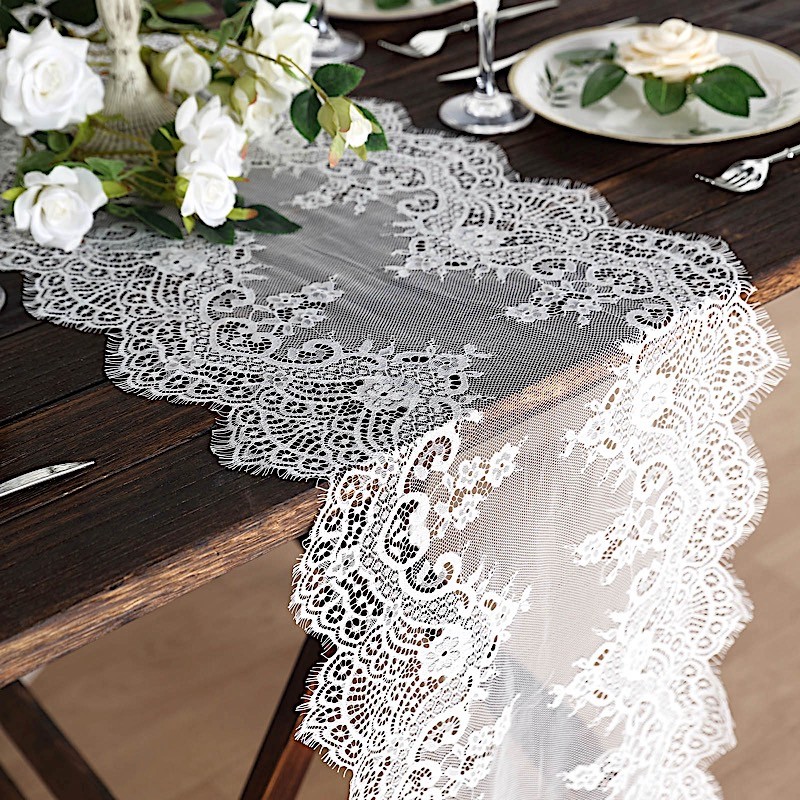 WHITE 15" x 117" Premium Lace TABLE RUNNER Scalloped edges Party Decorations