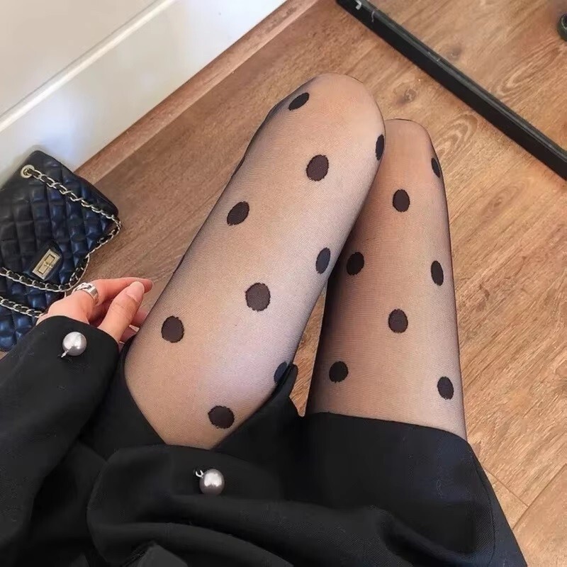 NEW LARGE POLKA DOT PRINT PANTYHOSE SHAPED STOCKINGS TIGHTS BLACK THIN SHEER