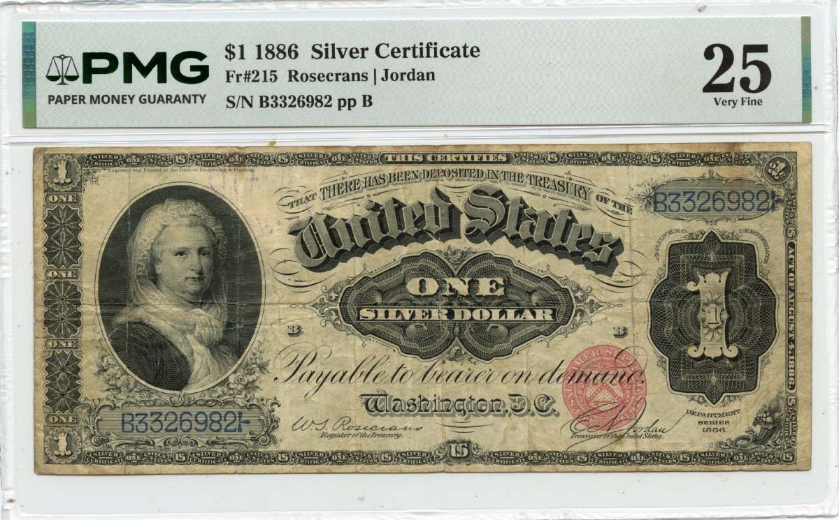 1886 $1 Silver Certificate FR#215 PMG VF25 Martha