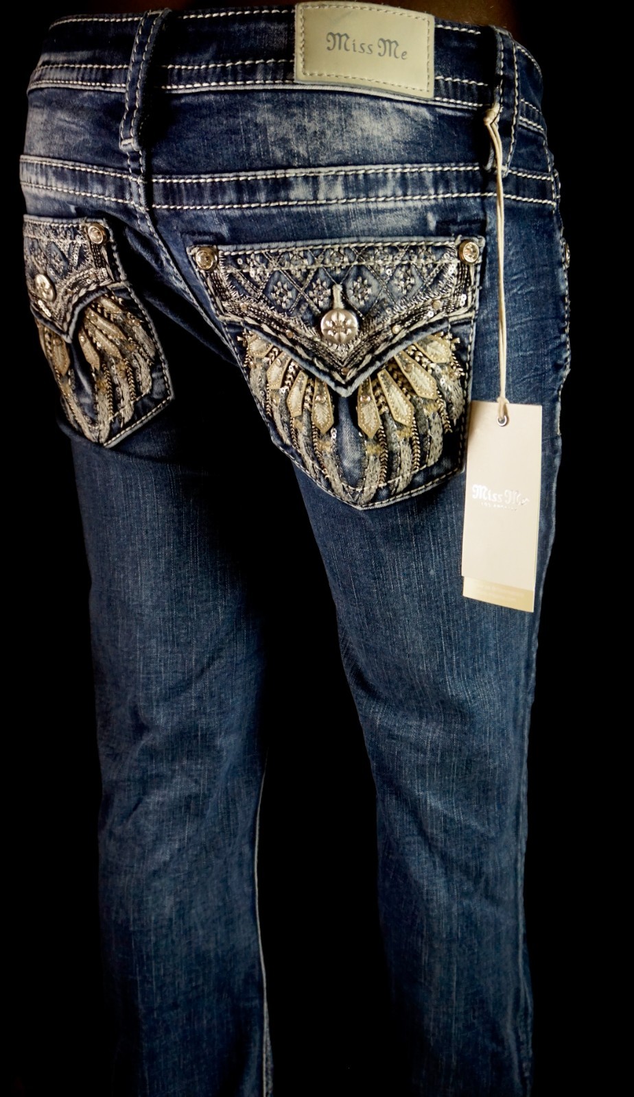 $118 Buckle Miss Me Jeans "Sequins Leather Fallen" Mid-Rise Boot 30 X 29 READ