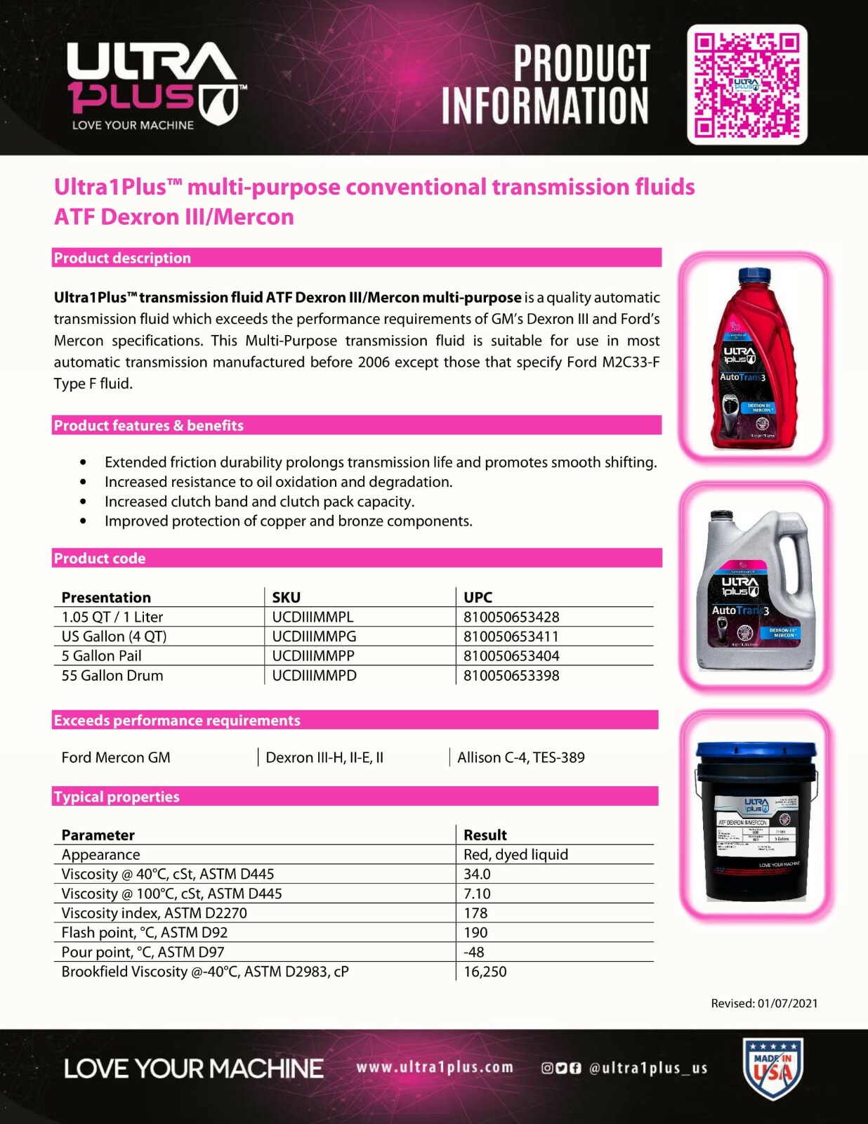 Ultra1Plus Dexron III Mercon Automatic Transmission Fluid | US Gallon (4 QTS)