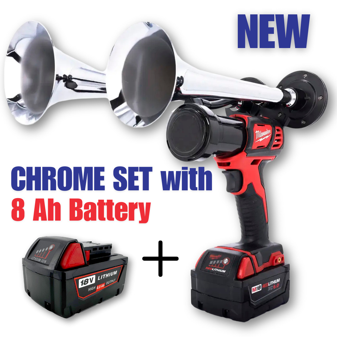 Milwaukee 18V Dual Train Horn Kit | Air Horn + 8Ah Battery | Chrome Set