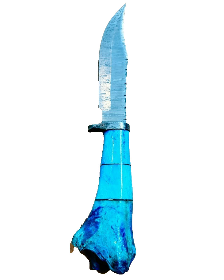 Blue Stag Bone Handle Damascus Fixed Blade Knife, Custom Made