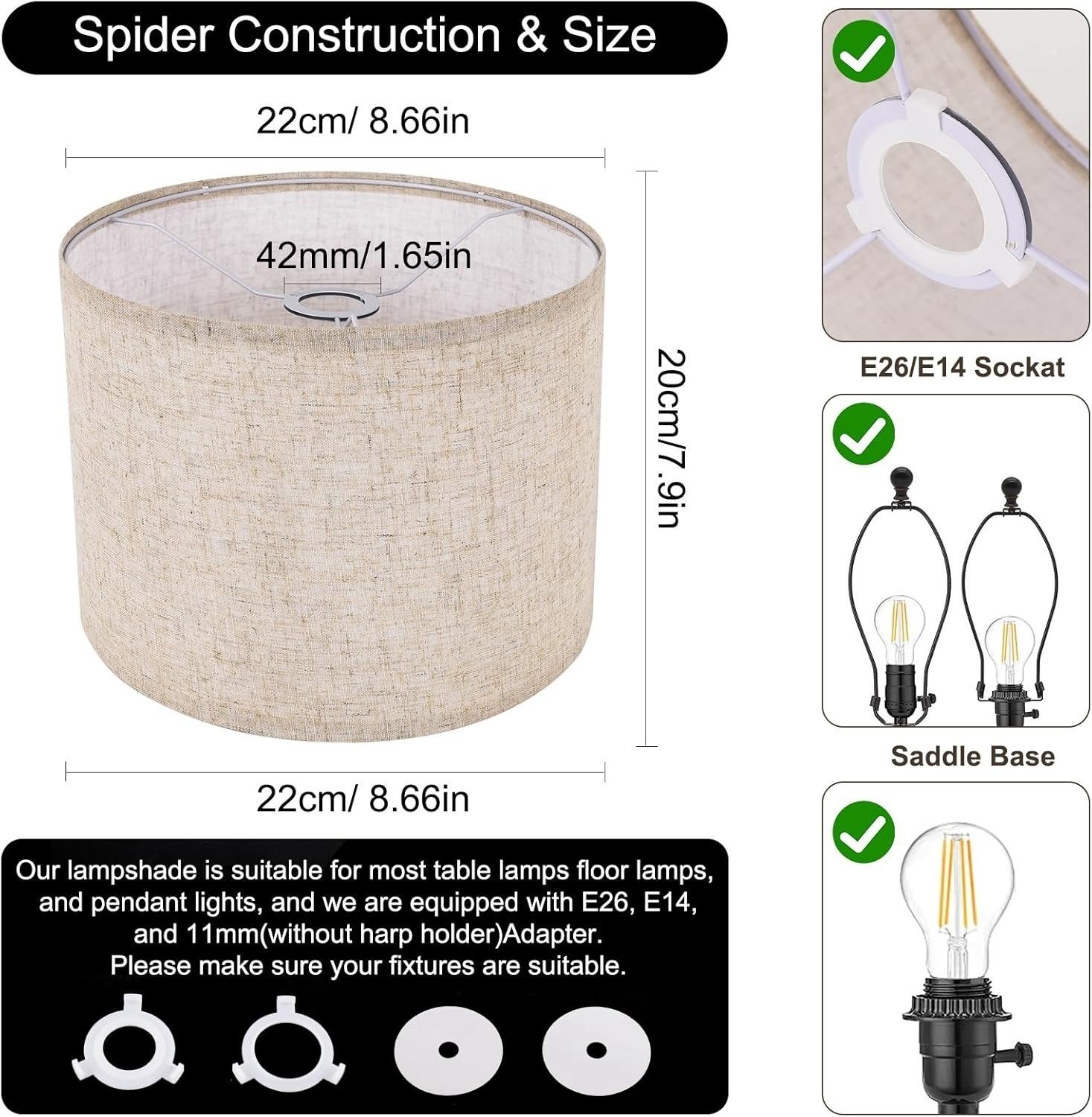 Beige Linen Drum Lamp Shade 8.7"x7.9" Modern Replacement for Table Floor Lamps