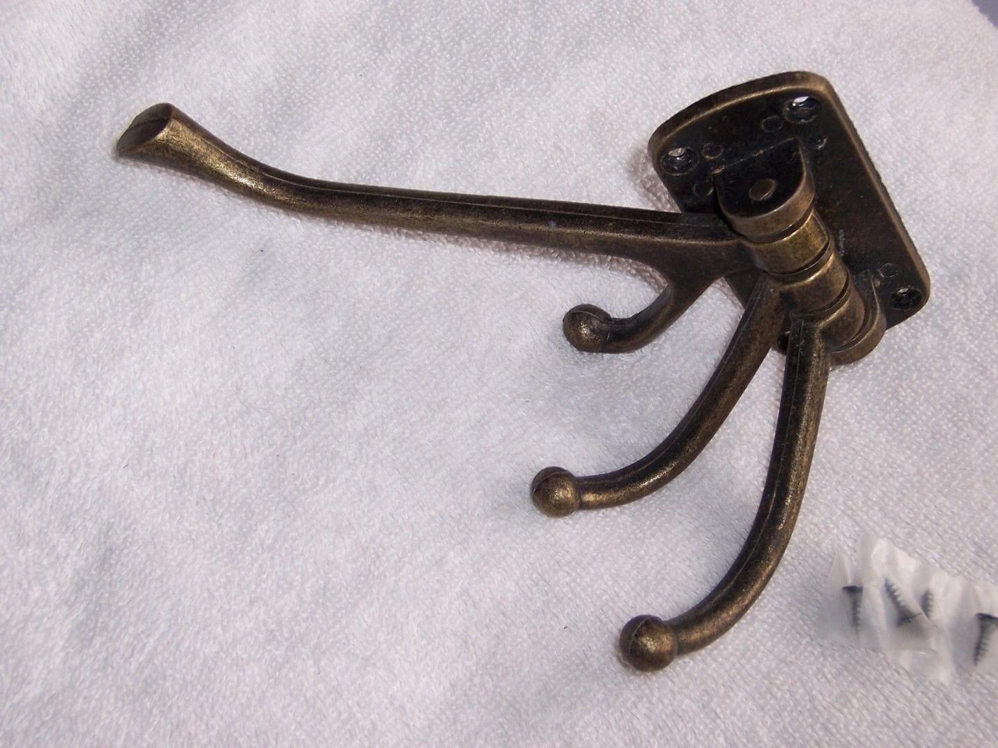 Vintage Metal Gold-Brass Triple Swivel Swing Hook Wall Mounted Holds 35 Pounds!