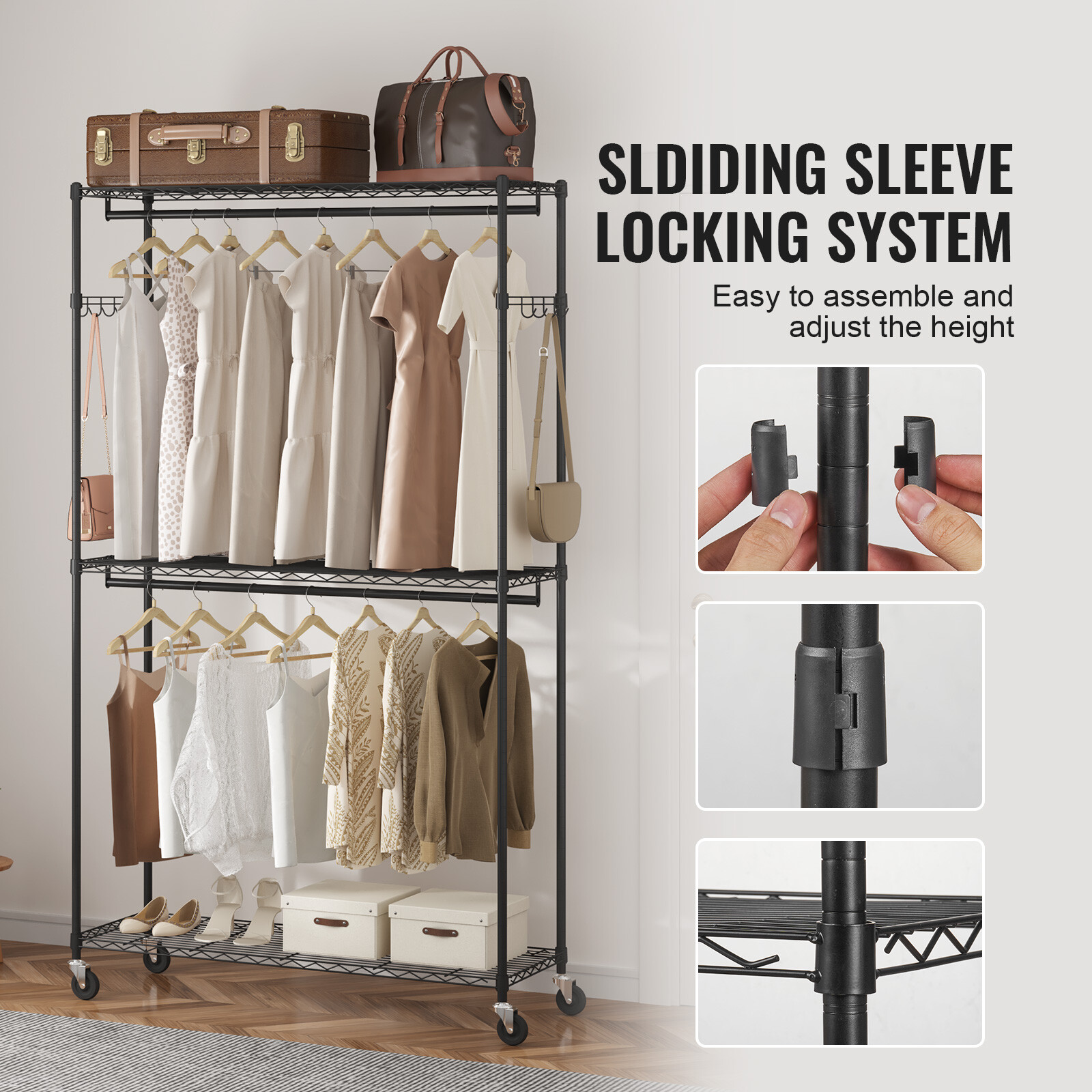 VEVOR Clothes Rack Rolling Clothing Garment Rack with 3 Storage Tiers 400 lbs
