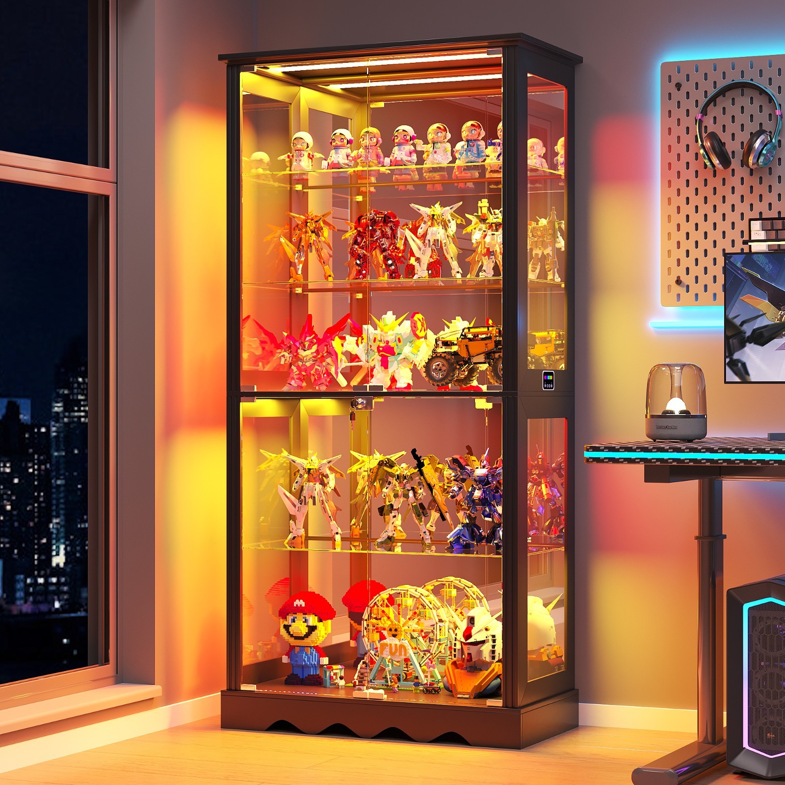 Display Cabinet with Glass Doors, Curio Cabinet with RGB Lights for Collectibles