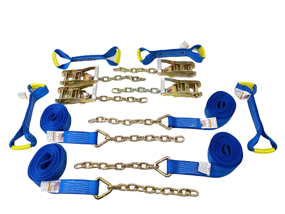 8 pt Kit 14' BLUE DW Rollback / Flatbed Car Tie-Downs w/ Chain Tails