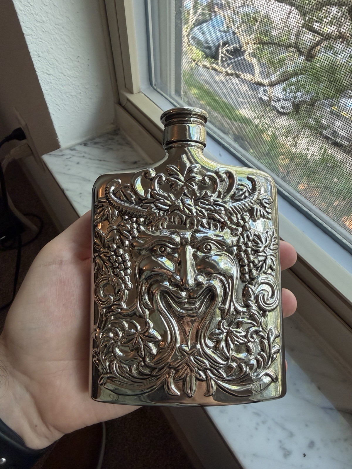 Vintage 1983 Godinger Silver-Plated Bacchus Hip Flask