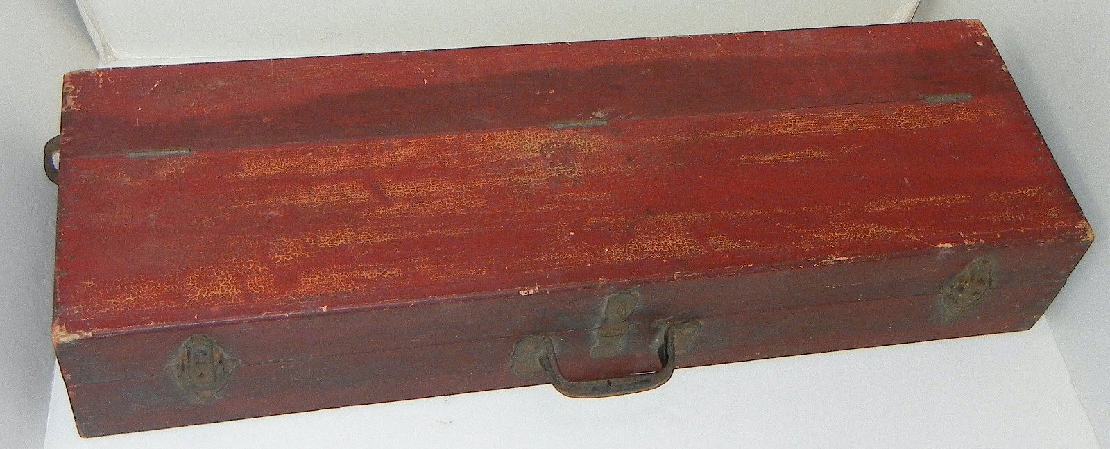 VINTAGE ANTIQUE ED LEE HEISLERVILLE NJ CARPENTER WOOD TOOL BOX OLD RED PAINT