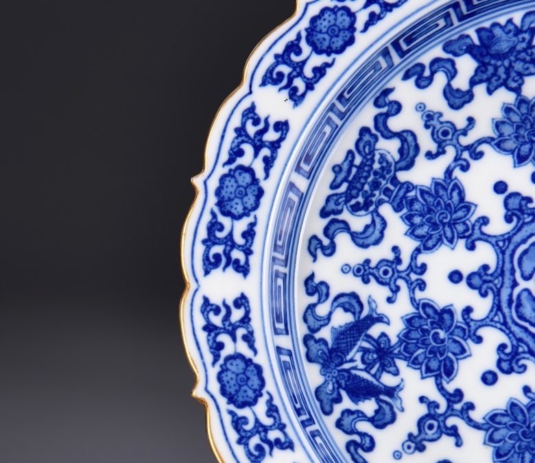 7'' YongZheng Marked Blue white Porcelain 8 Auspicious Symbol Tray Dish Plate