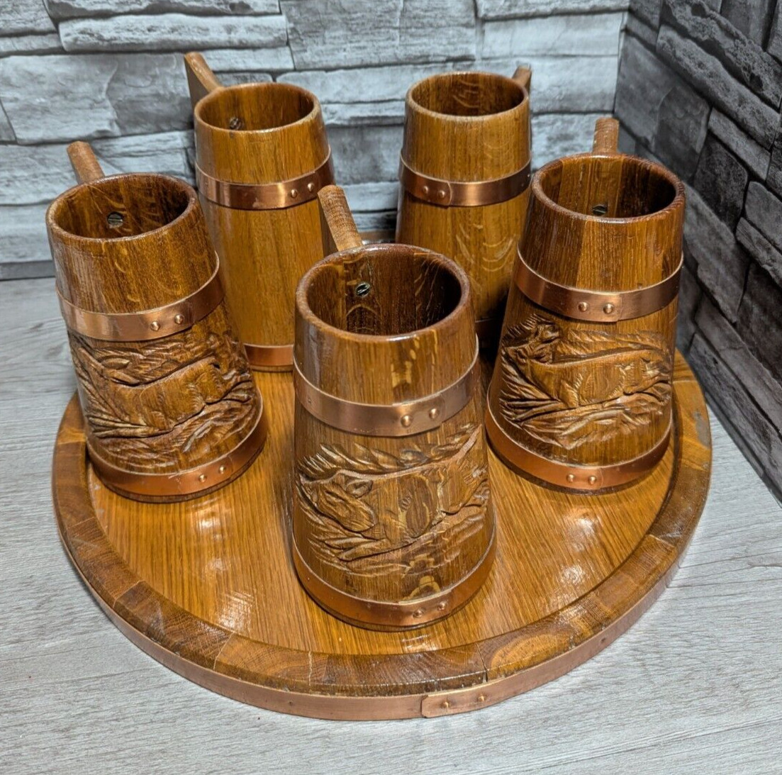 Vtg Set Of 5 Wood & Copper Beer Mug Stein Tankard Cups w/Tray Viking Bar Decor