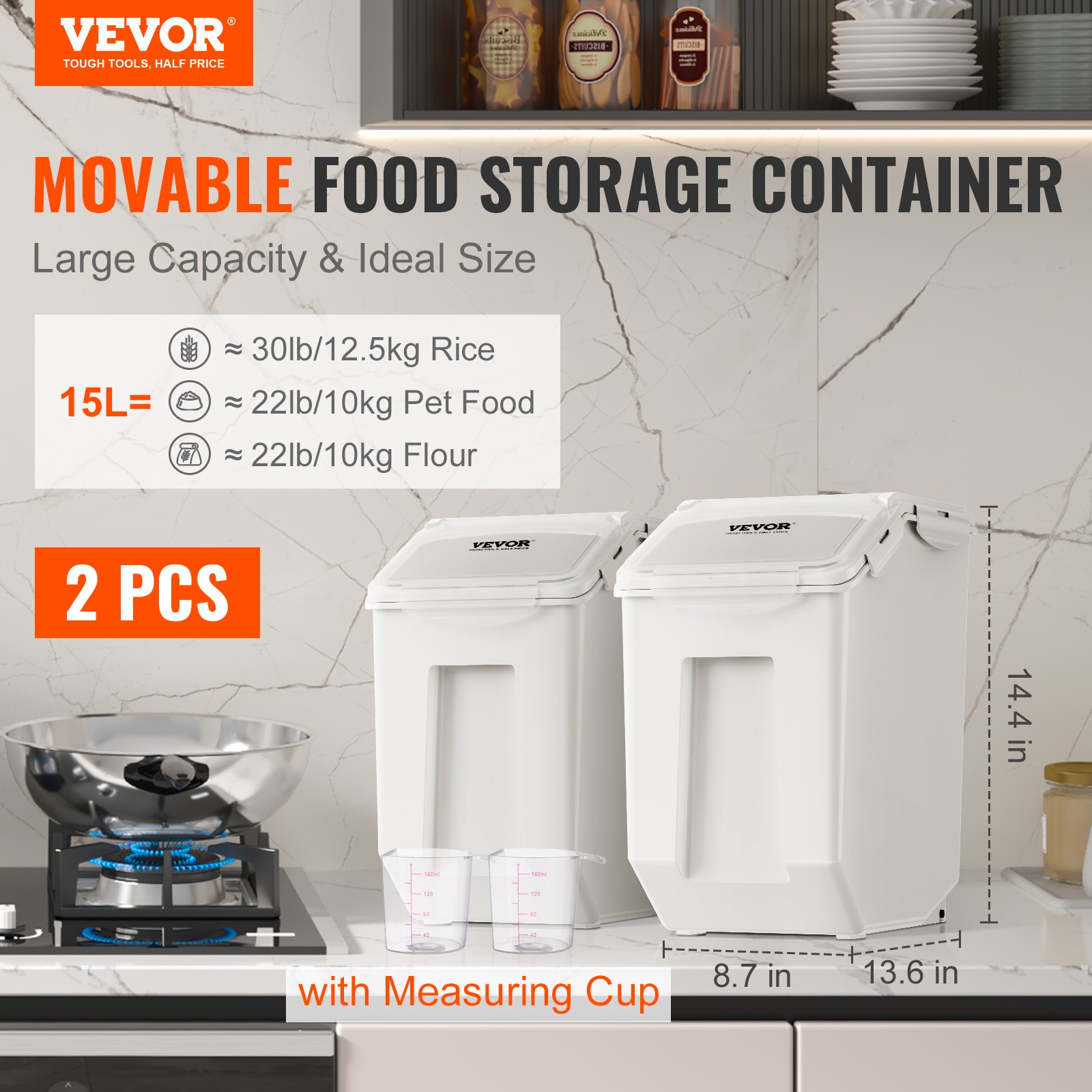 VEVOR Mobile Ingredient Bin Storage Container 2 x 15L Capacity Slant Top White