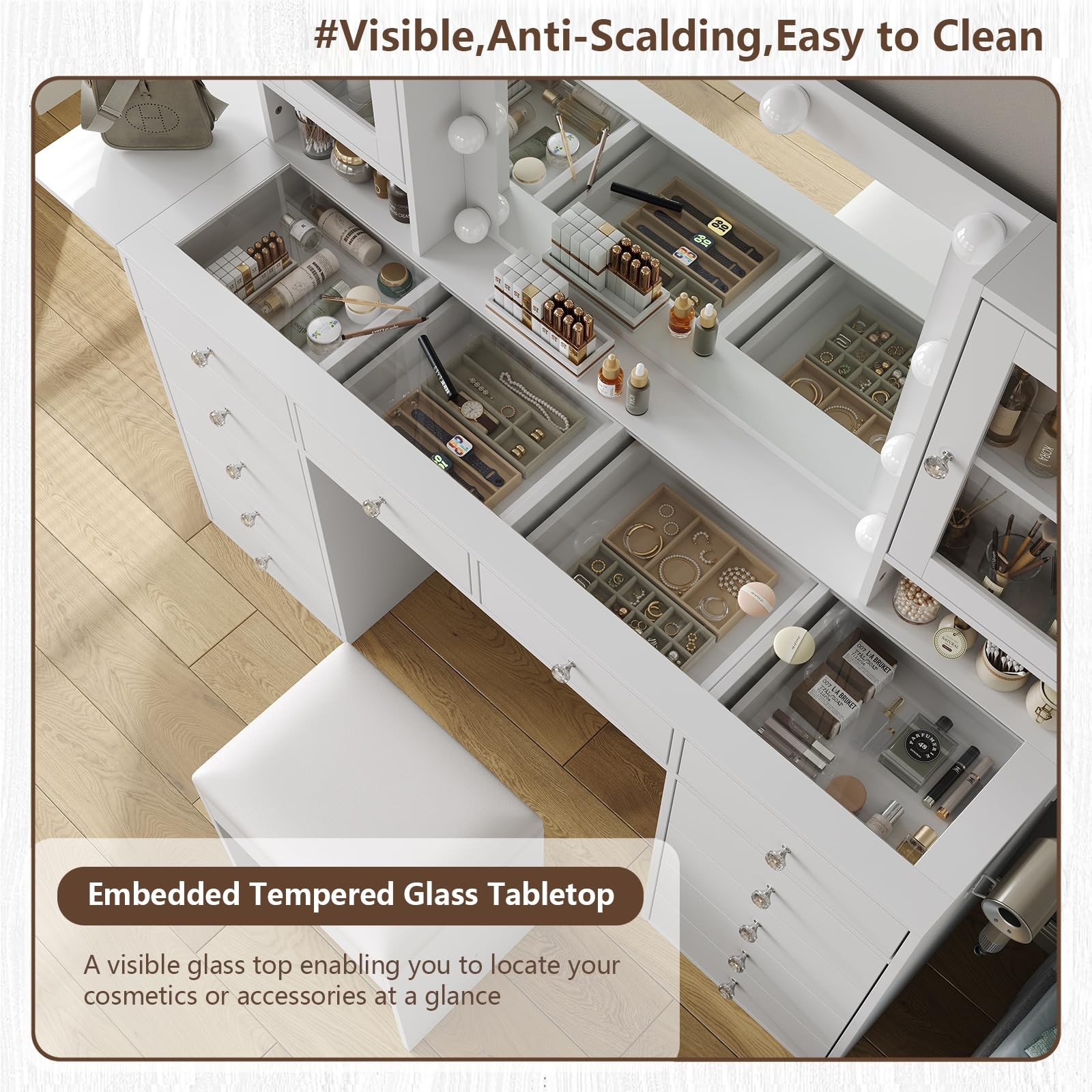 Vanity with Mirror w 10 LED Lights, Makeup Vanity w 12 Drawers，White Vanity desk