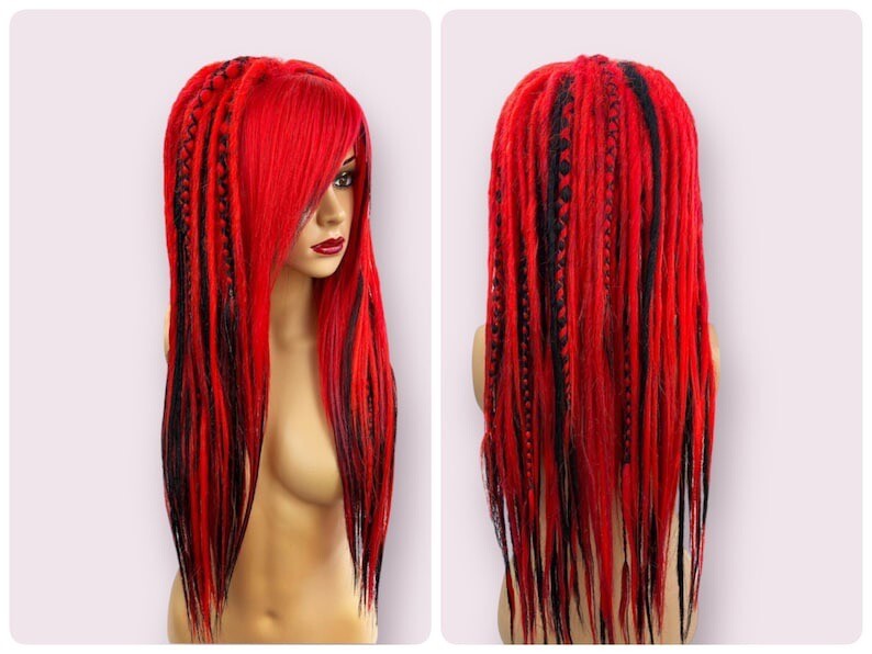 Red Black Synthetic Dread Wig Bangs Full Density Hair Gothic Cyberpunk Cosplay