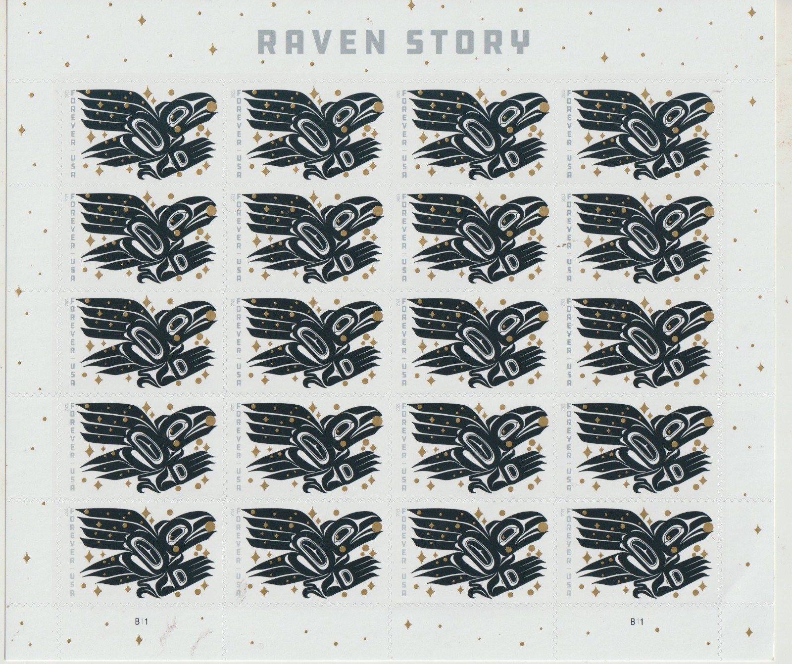 USPS RAVEN STORY Sheet of 20 one ounce letter rate STAMPS Sent from OKC, OK