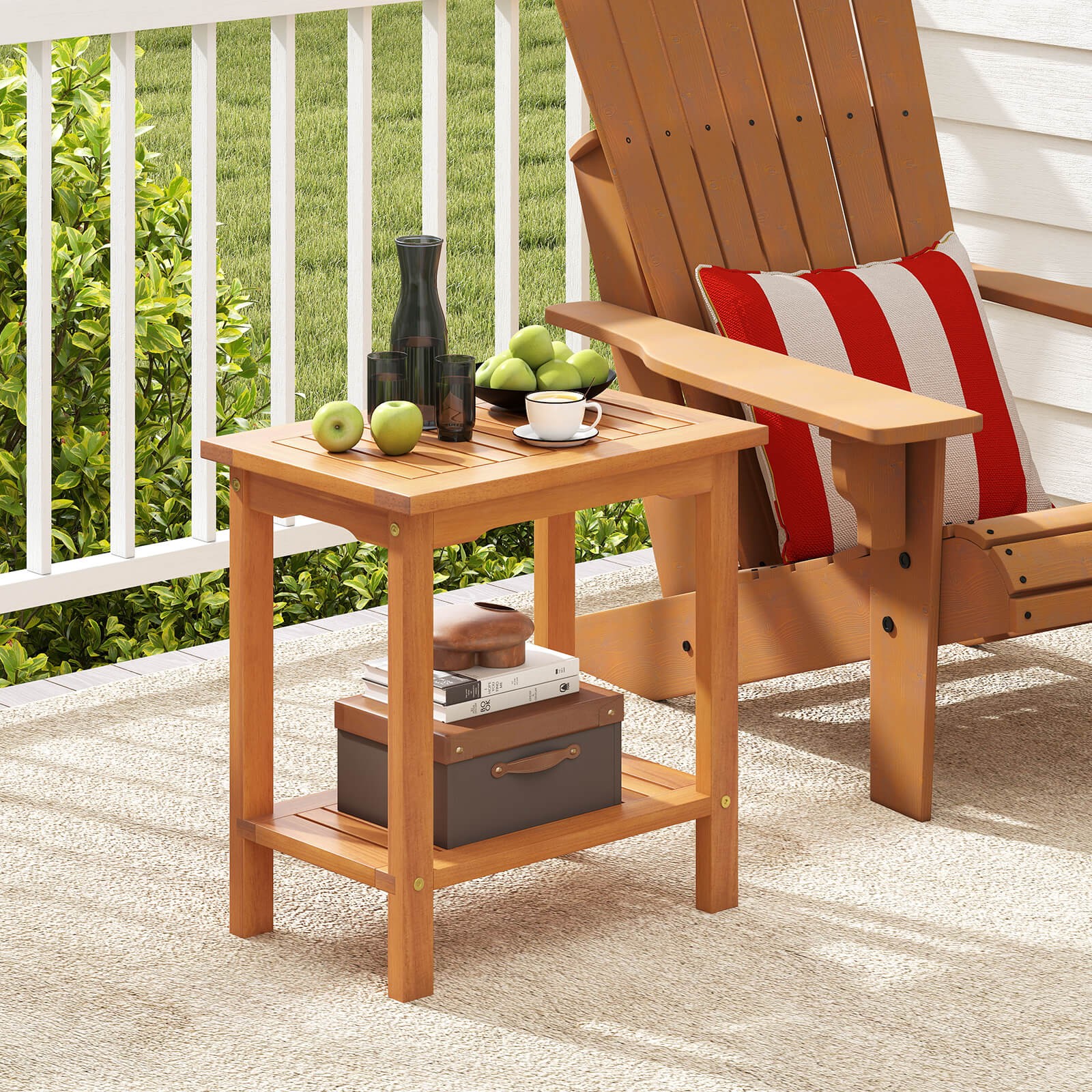 Outdoor Acacia Wood Side Table 2-Tier Patio End Table with Slatted Tabletop