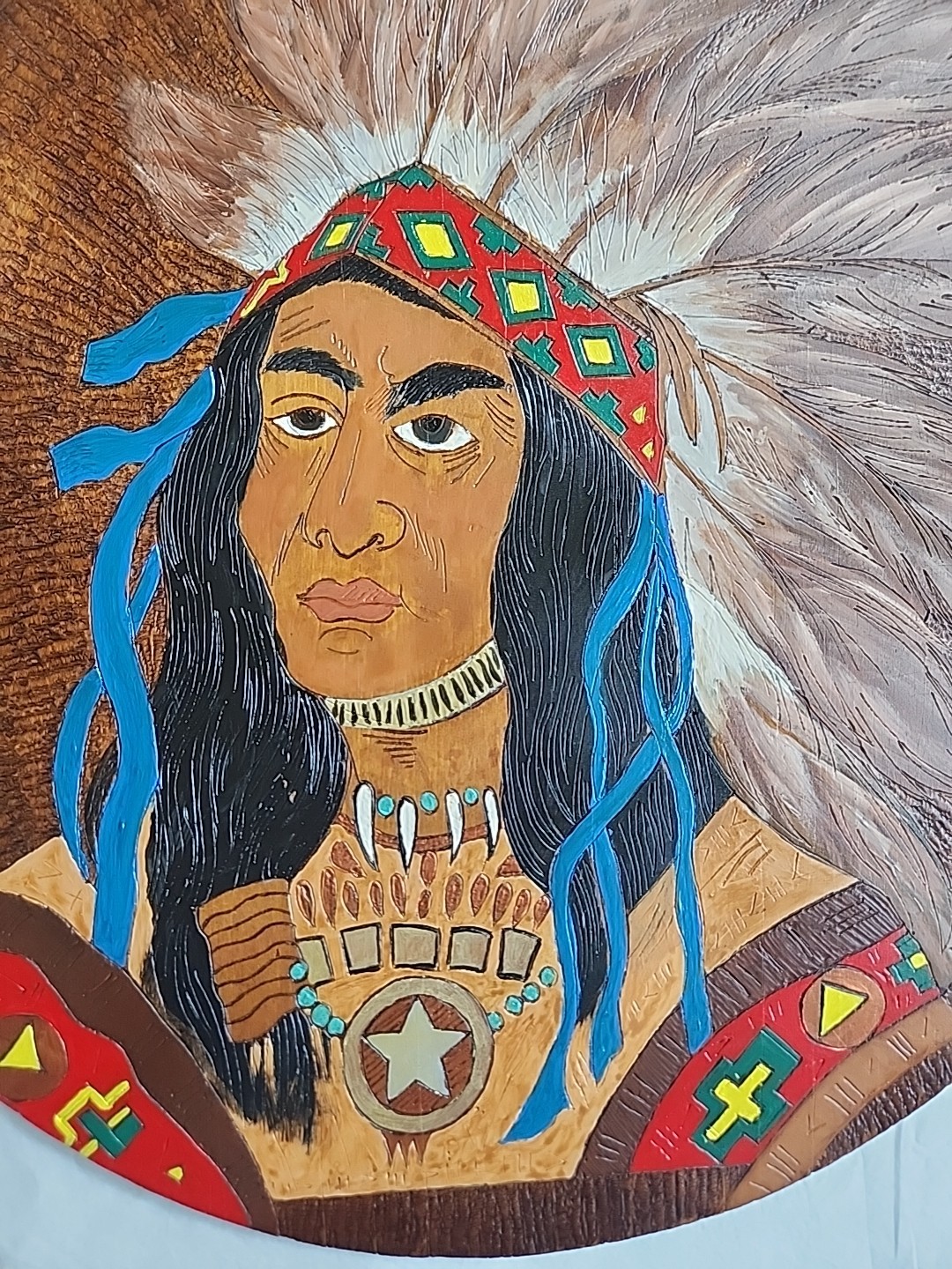 NATIVE AMERICAN INDIAN PLAQUE Pyrography 19.75" Antique Round Wall Art