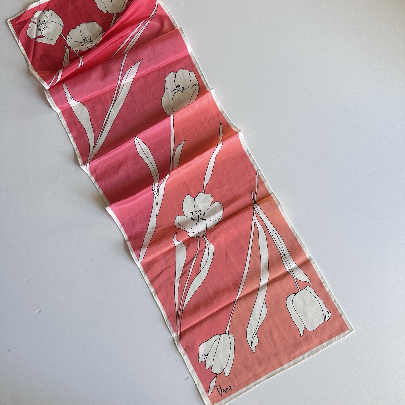 Vintage Vera Neumann Silk Scarf Spring Tulips Ombré Pink Tagless 10.5” X 40”