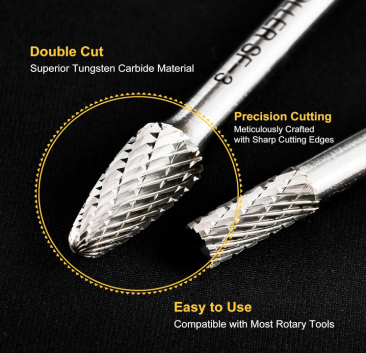 Carbide Burr Set 1/4" Shank 8PC Double Cut Die Grinder Rotary Tool Cutting Bu...