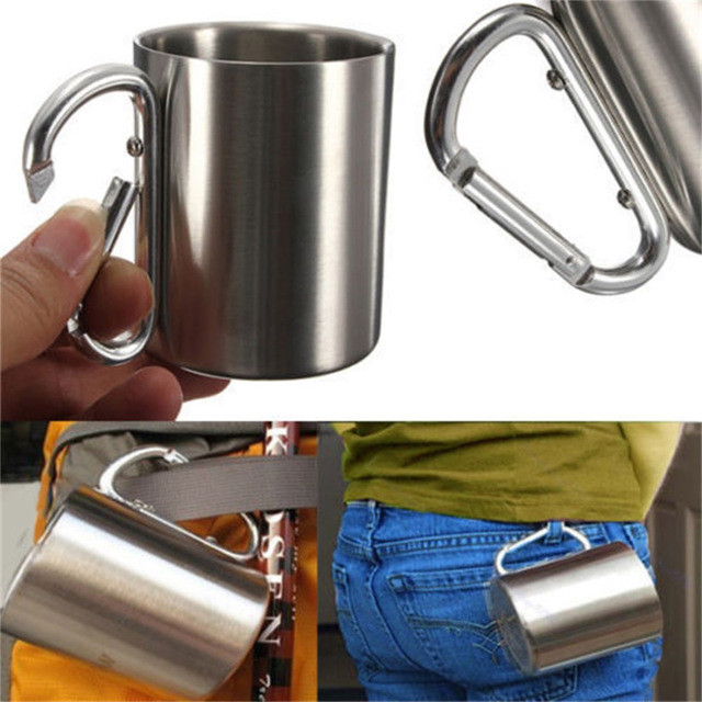 Camping Outdoor Stainless Steel Cup Carabiner Handle Double Wall Mug 220ml, US