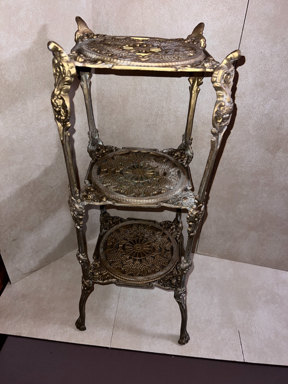RARE 1950s Italian BRASS Filigree 3-Tier Plant Stand, Handmade Ornate, Claw Feet