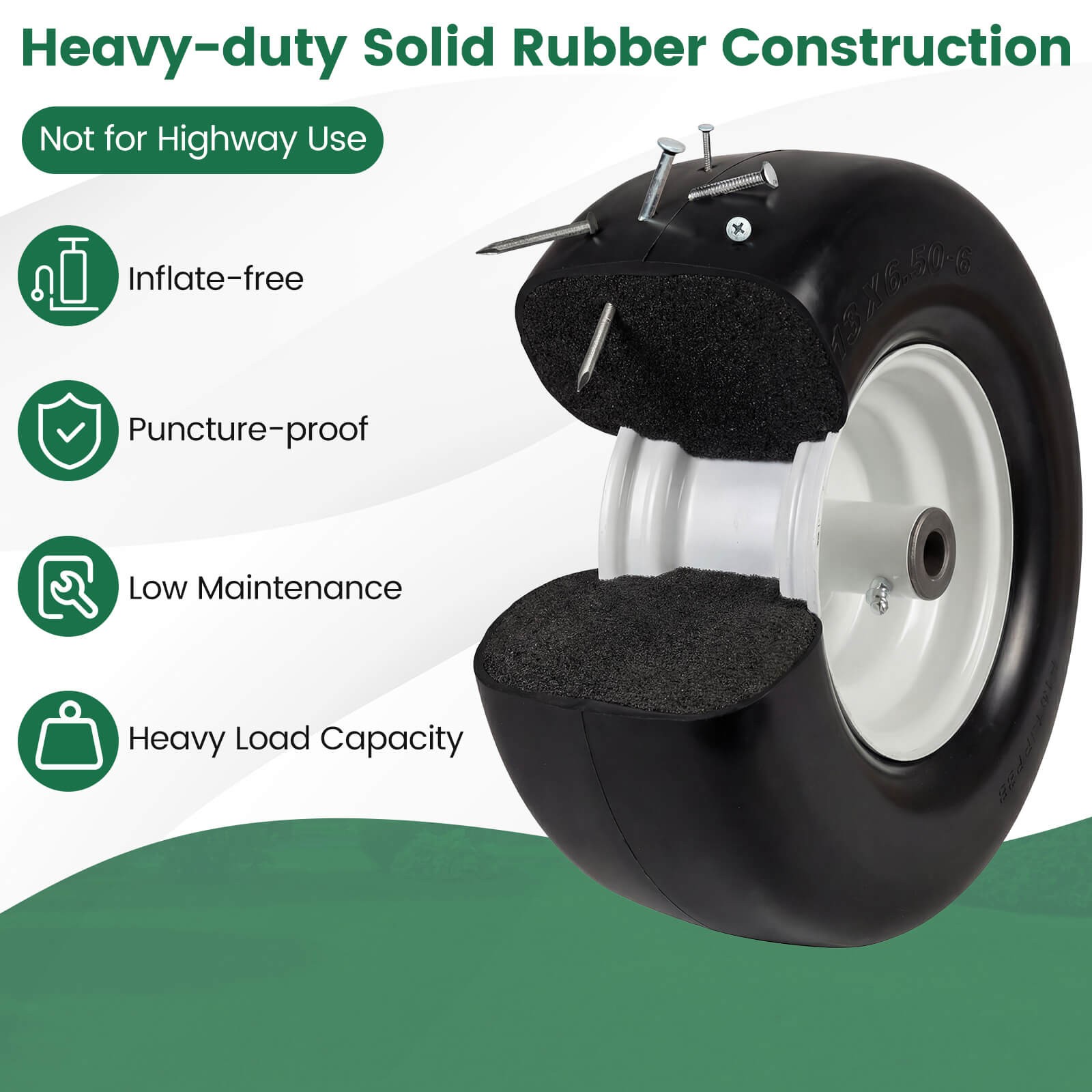 2 Pack 13 x 6.50-6 Flat Free Tires & Wheels w/5.5”-6.8”Centered Hub 3/4” Bushing