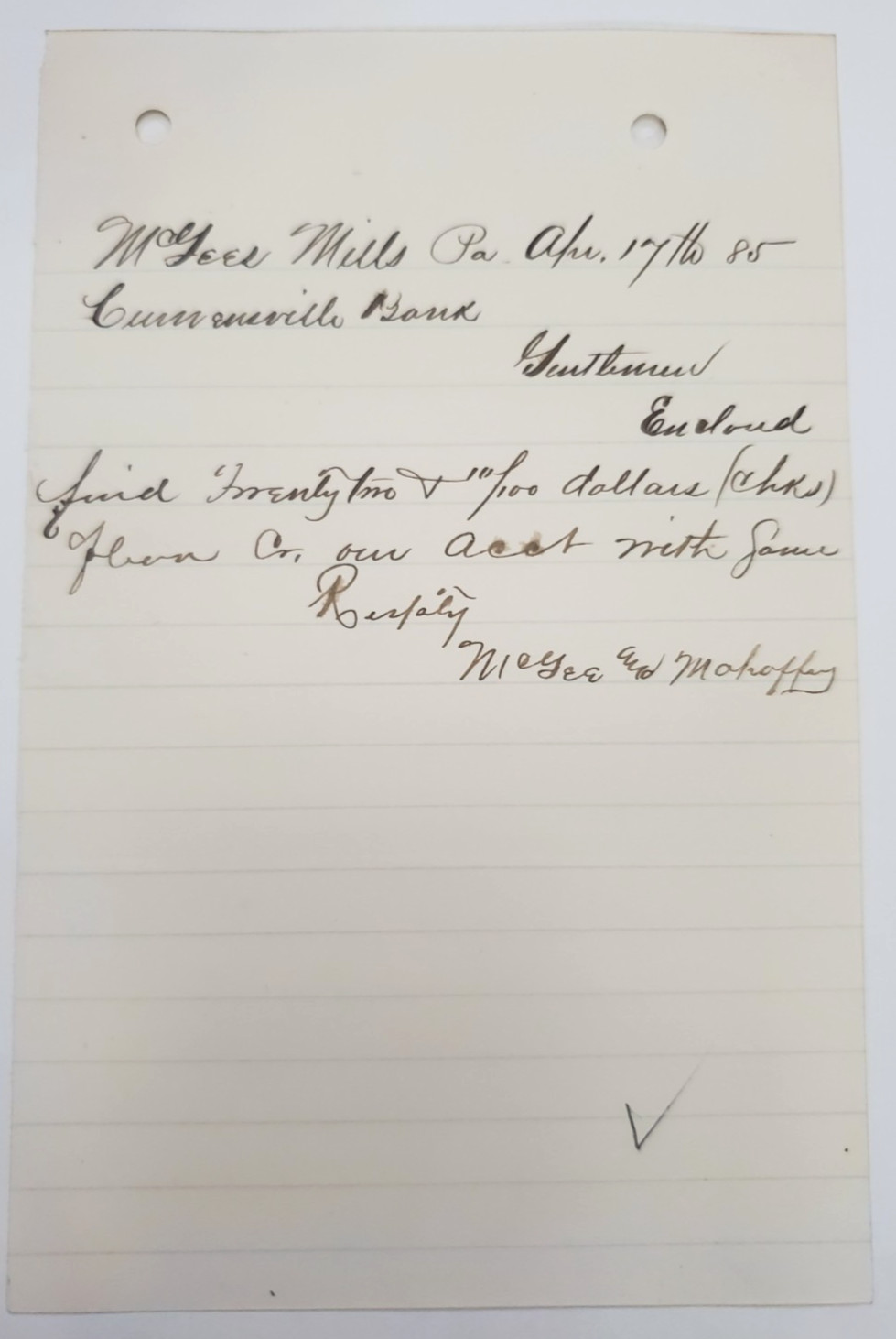 1885 Letter, McGee & Mahaffey, McGee's Mills, PA, To Curwensville Bank