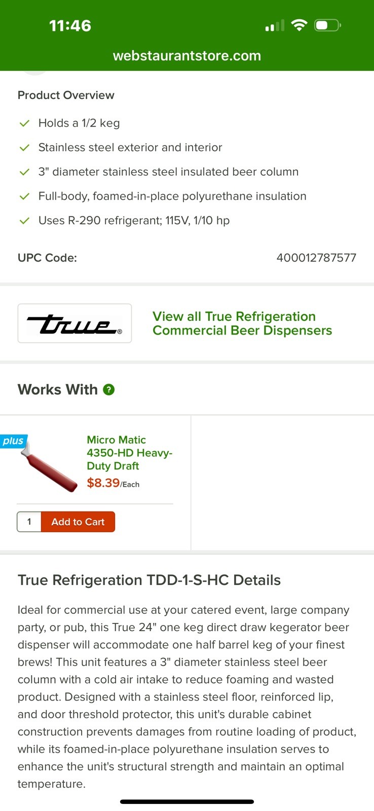 True Commercial Single Tap Kegerator Stainless Steel