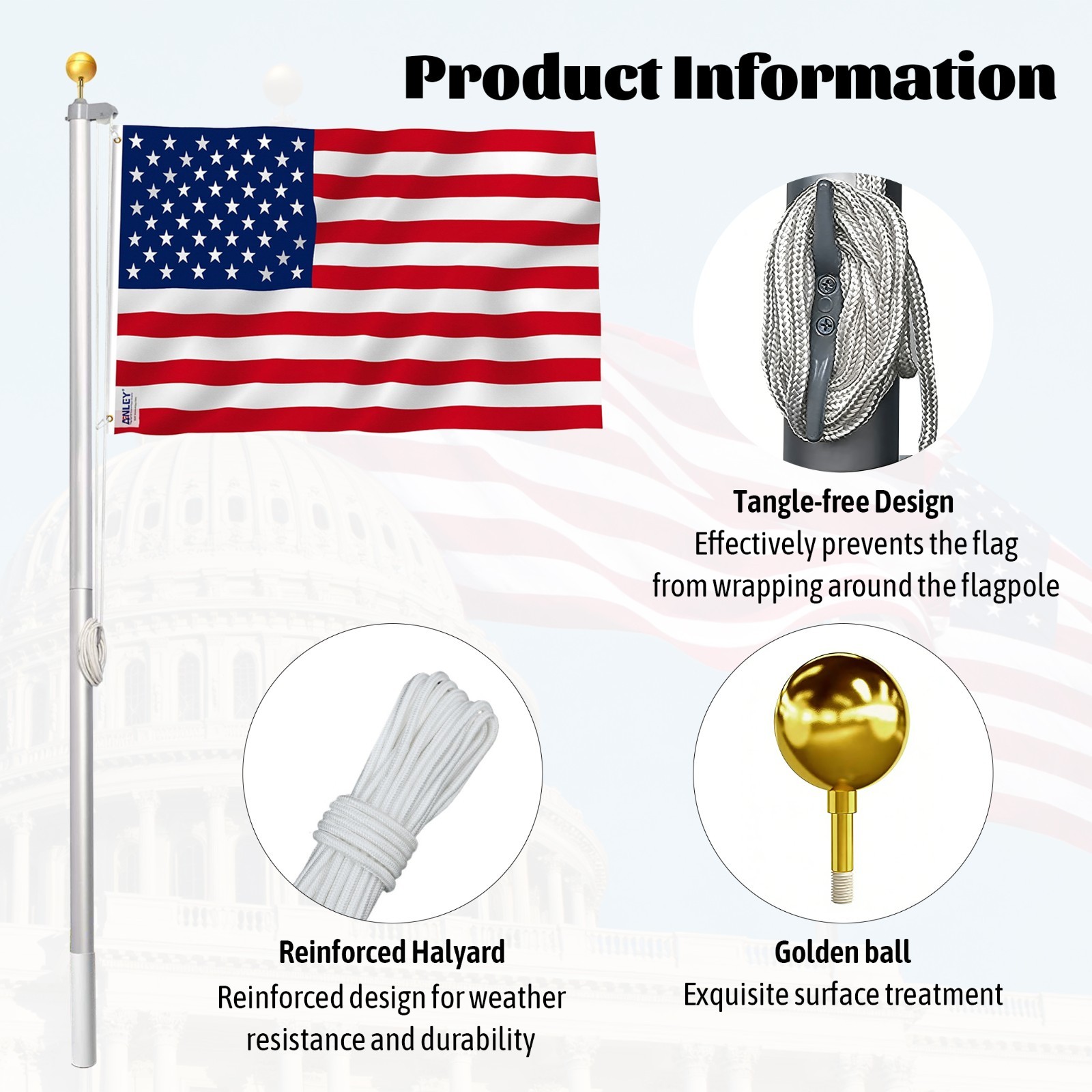 20 ft Aluminum Flag Pole Sectional Flagpole Kit Heavy Duty 3'x5' US Flag, Silver