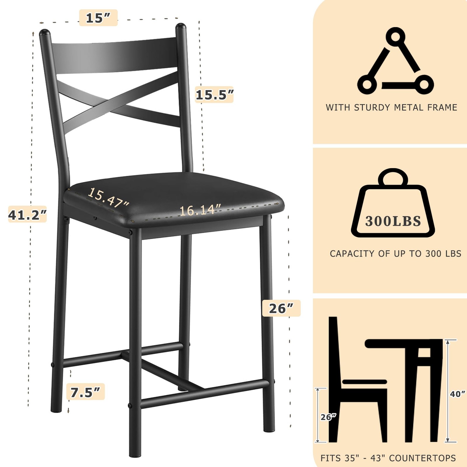 Set of 4 Counter Height Stools with Metal Frame Ergonomic Pu Leather Bar Stools