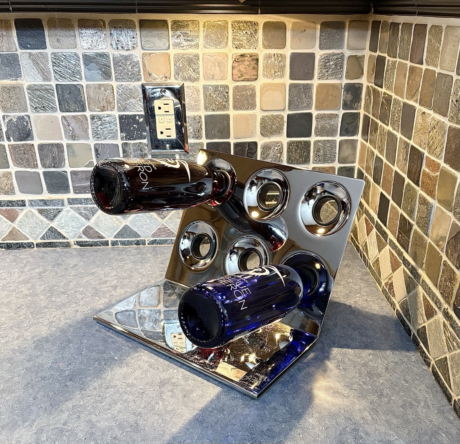 Vintage Mid Century 1960s 70s Geometric Free Floating Chrome Wine Rack Holder