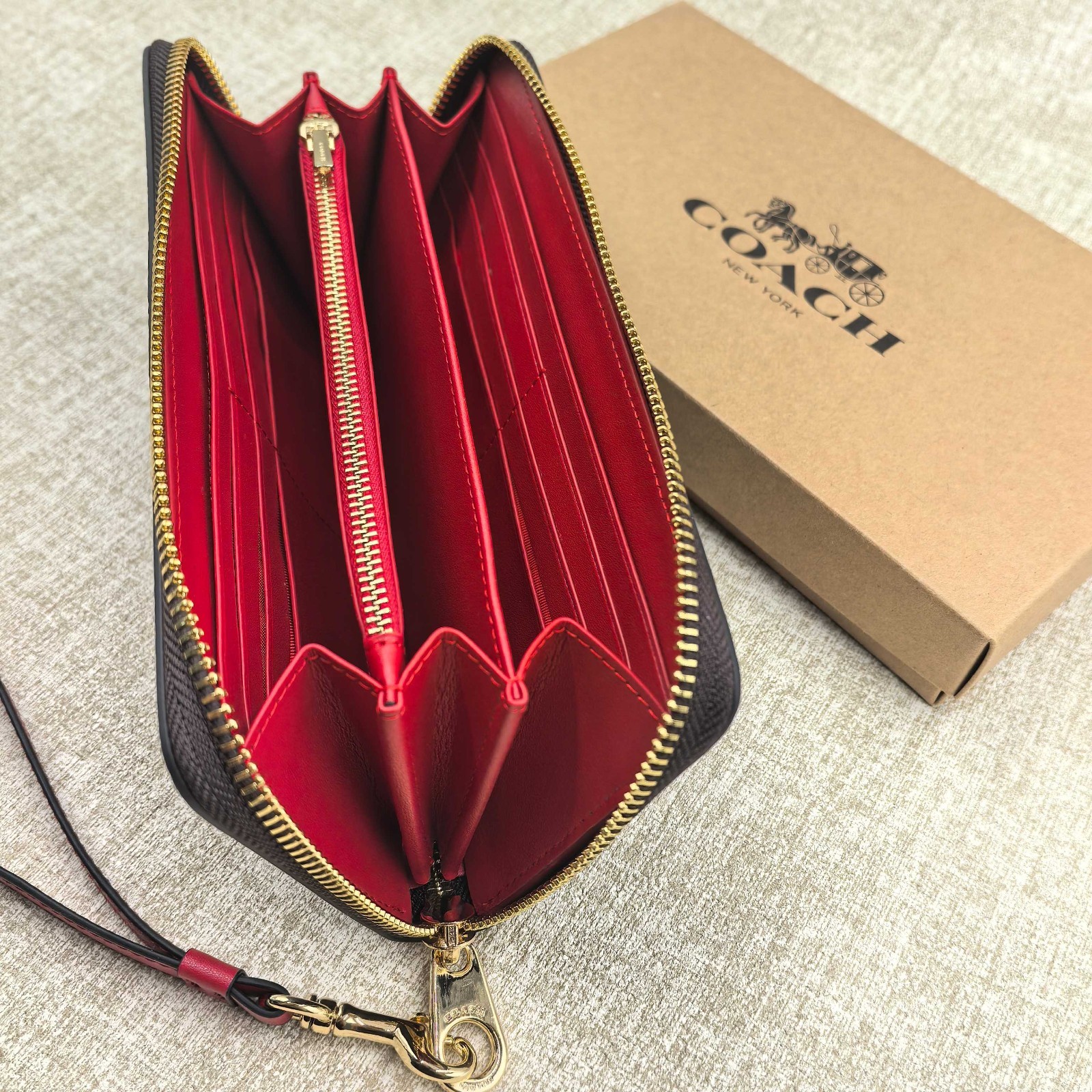 New Coach CW778 Long Zip Around Wallet in Signature Canvas Walnut and Bold Red